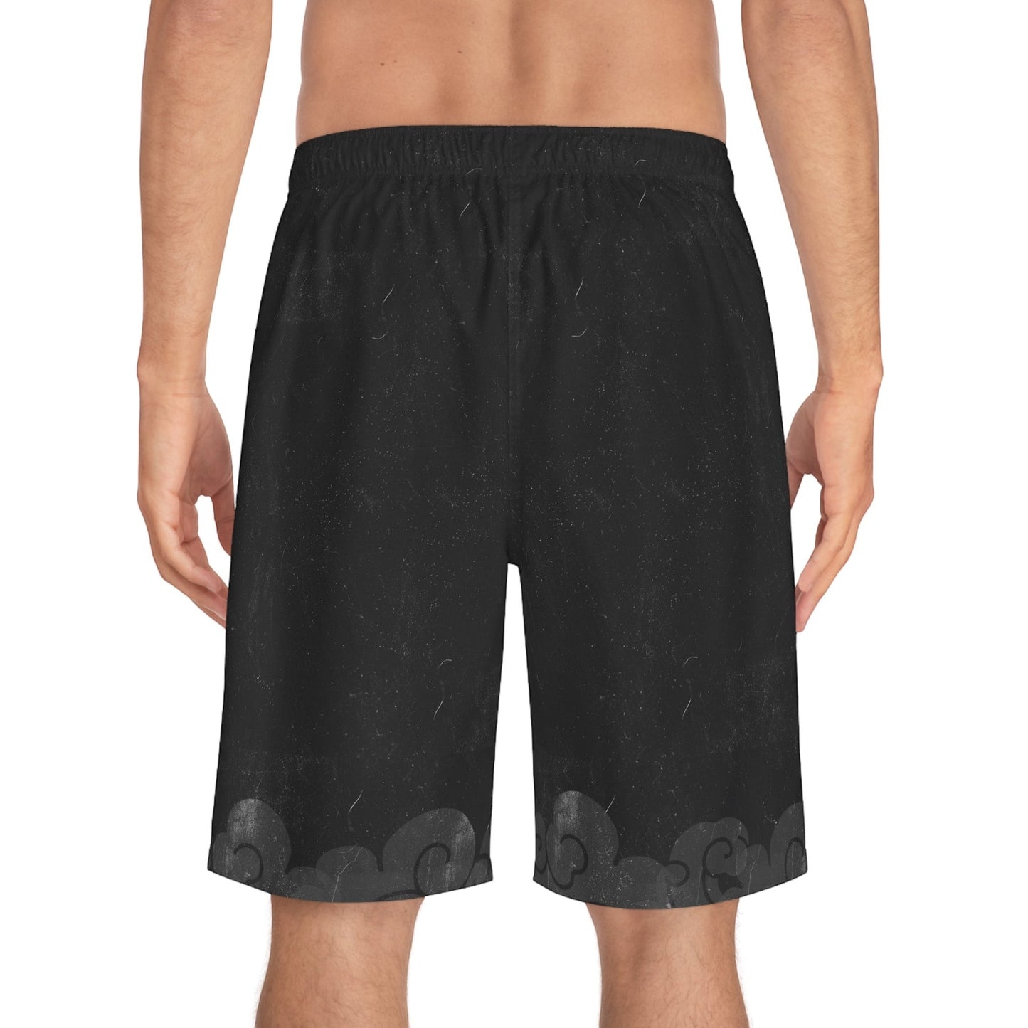 Immortal Krav Maga black polyester board shorts with elastic waistband and cloud pattern at hem.