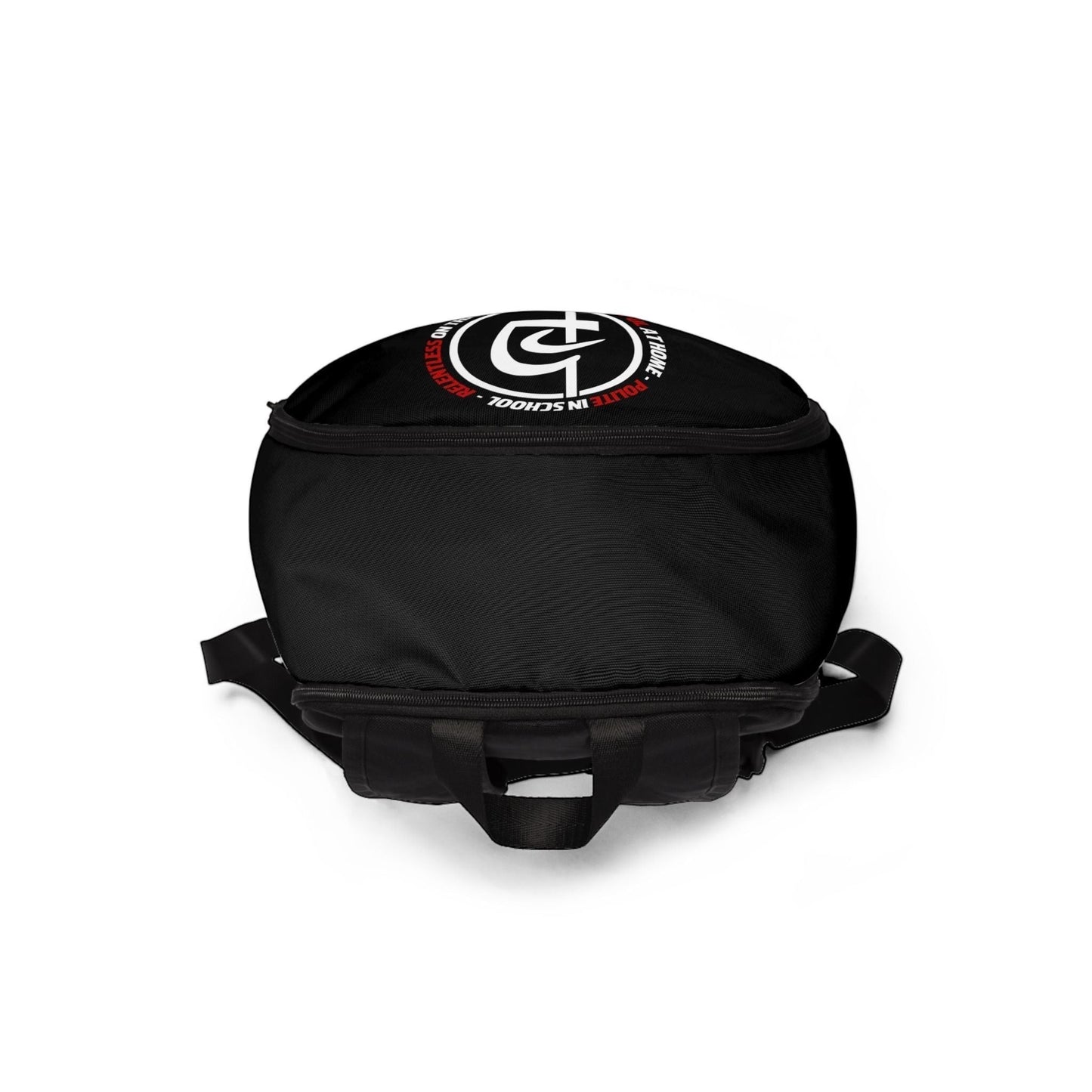 Immortal Krav Maga black nylon backpack with three zippered compartments and padded straps. Features a circular logo with text.