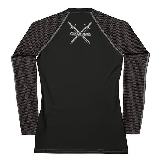 Immortal Krav Maga black long-sleeve rash guard with grey patterned sleeves and crossed swords logo on back.