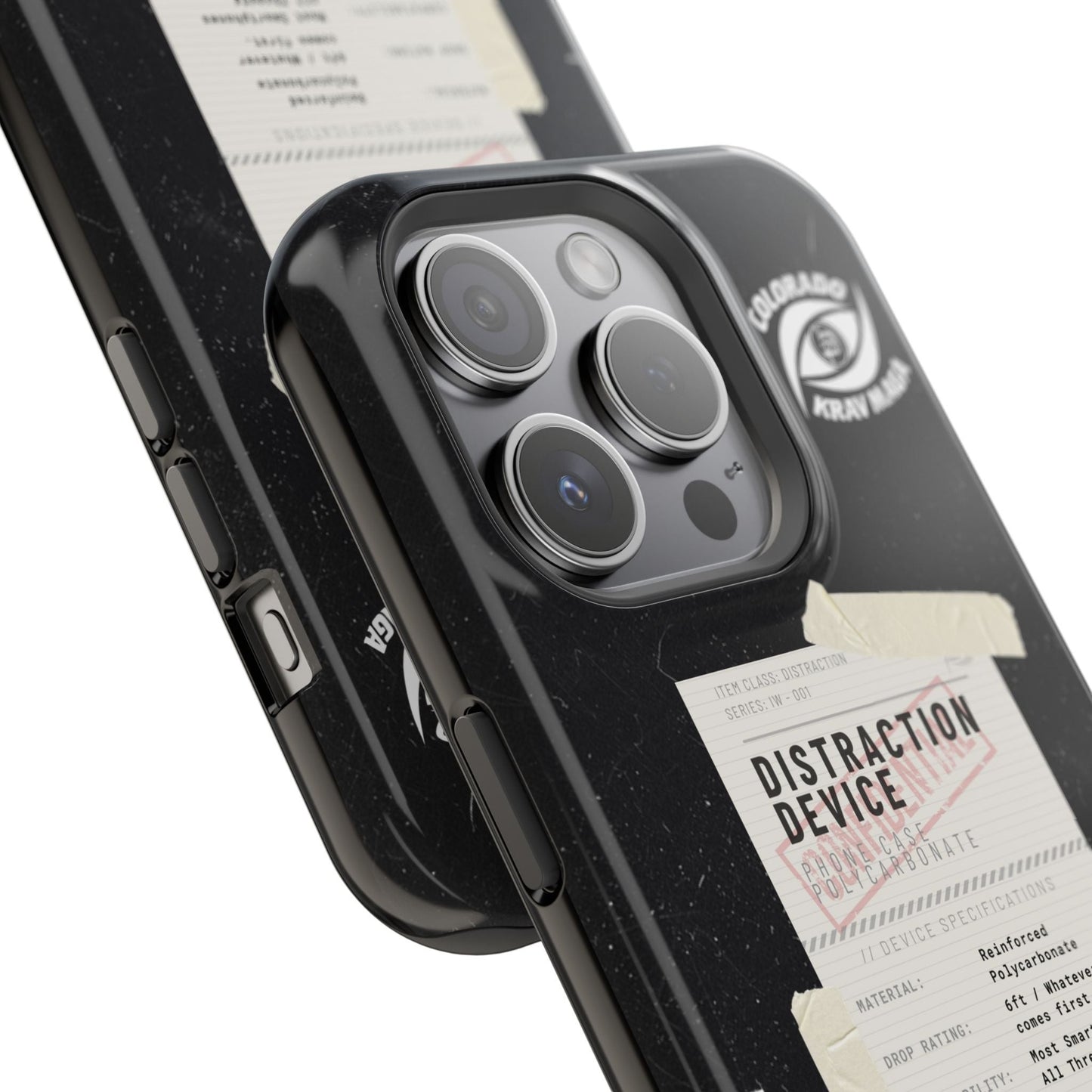 Immortal Krav Maga Distraction Device phone case in black reinforced polycarbonate with a distressed finish and tactical labels.