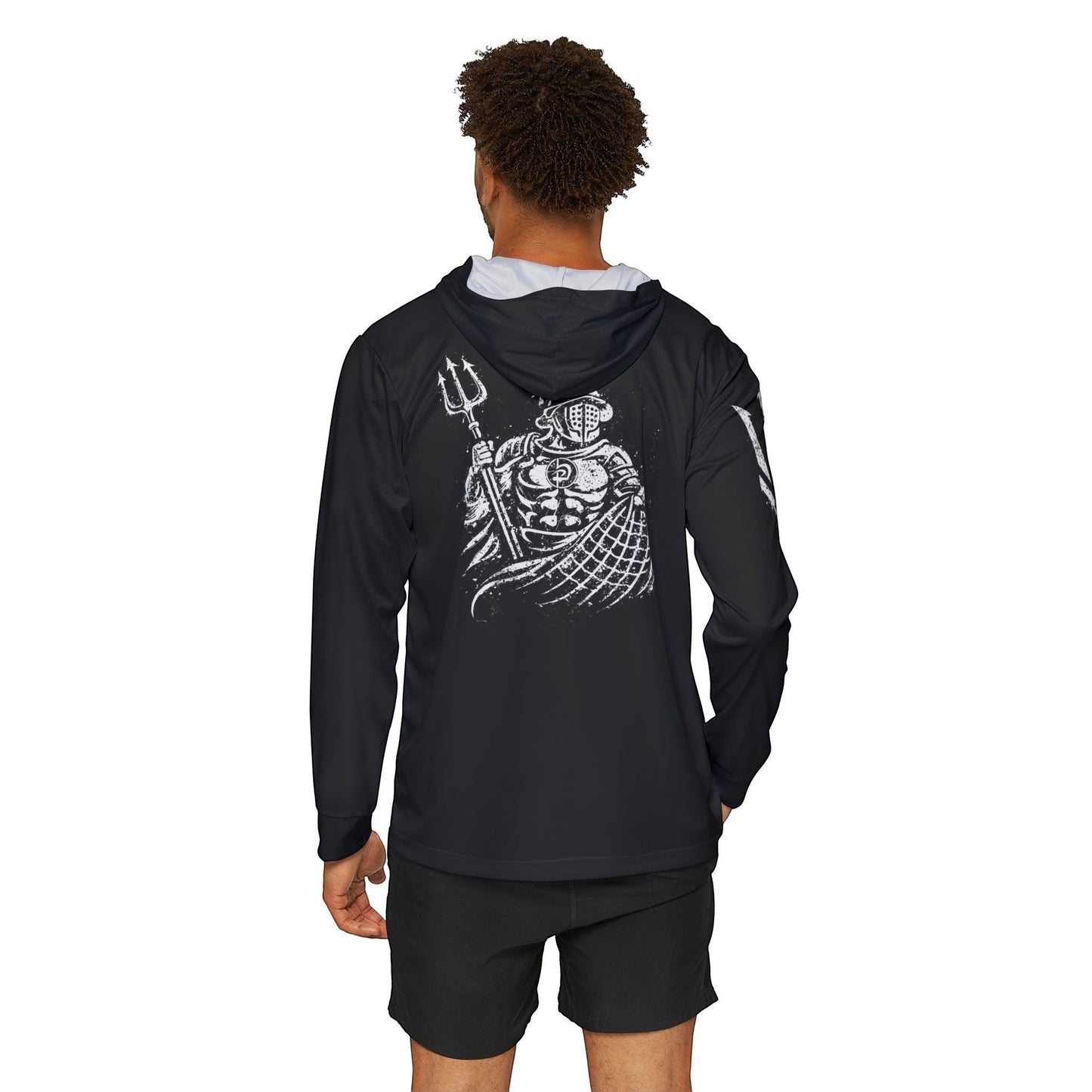 Immortal Krav Maga black polyester hooded shirt with gladiator graphic and Latin text on forearm. UPF 50.