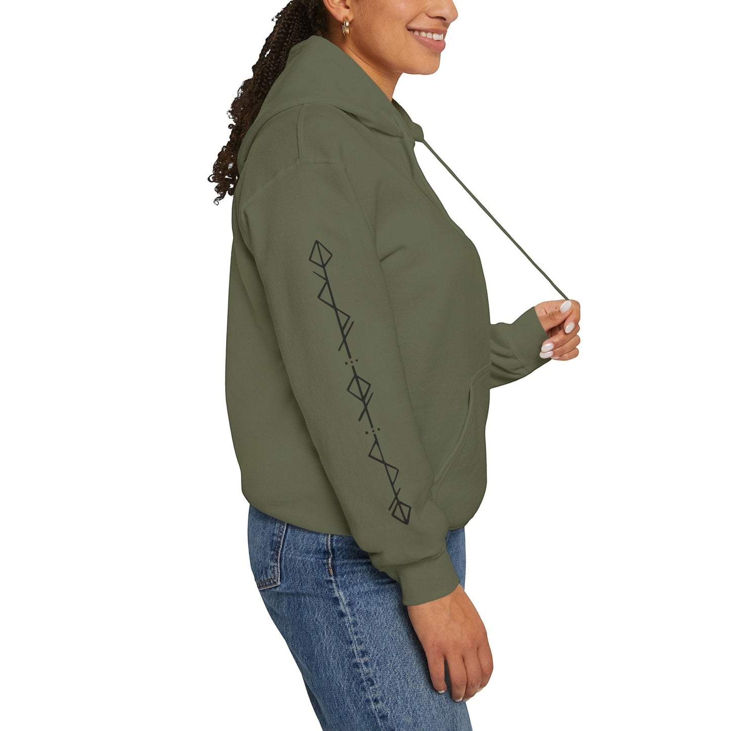 Immortal Krav Maga olive green cotton-poly blend hoodie with geometric print on sleeve, kangaroo pocket, and drawstring hood.
