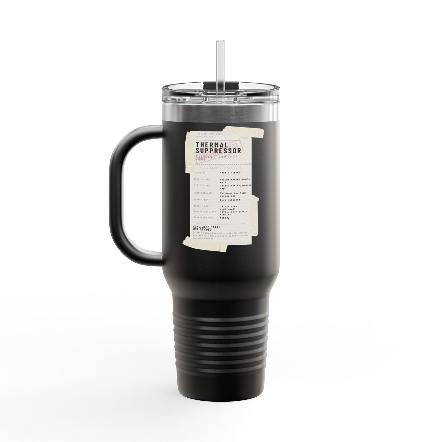 Immortal Krav Maga black 40oz stainless steel tactical tumbler with handle and straw, featuring a "Thermal Suppressor" label.