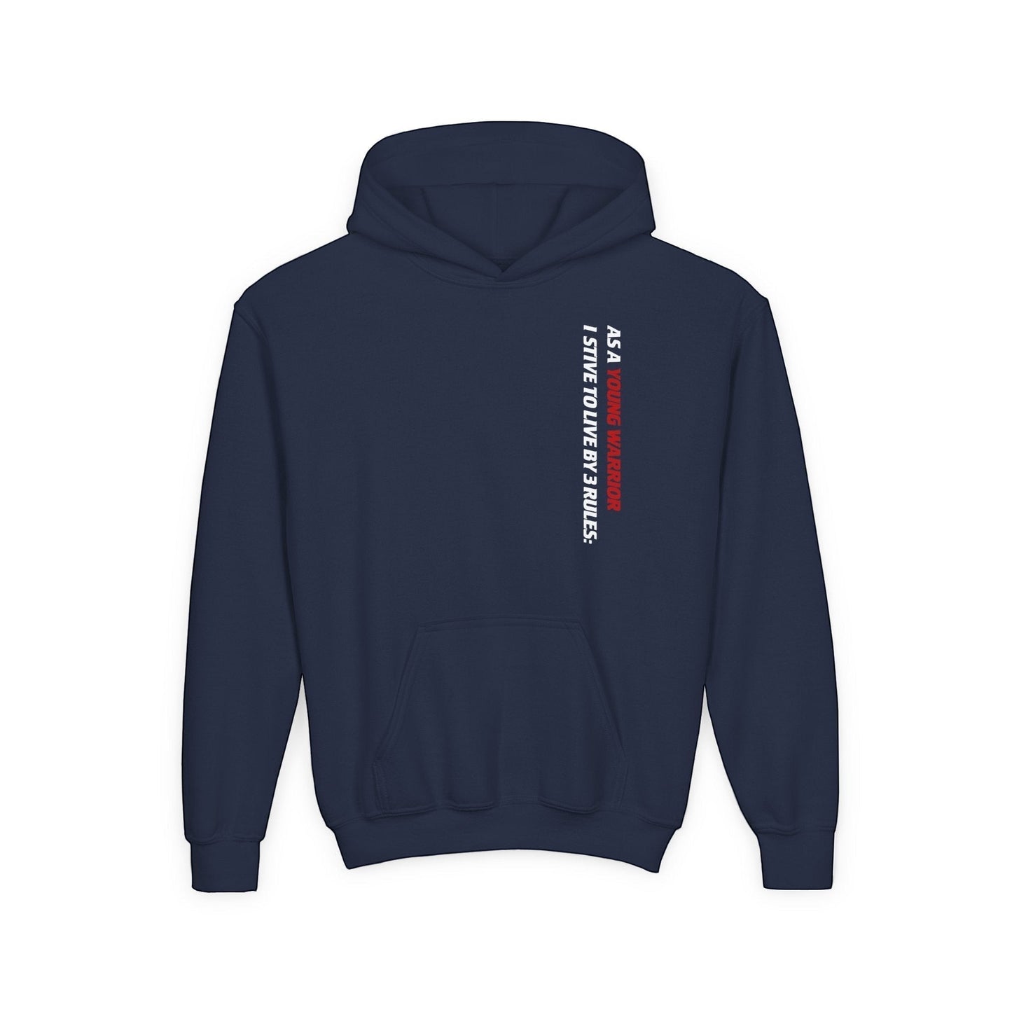 Immortal Krav Maga youth navy blue hoodie with 'As a young warrior I strive to live by 3 rules' text on the chest.