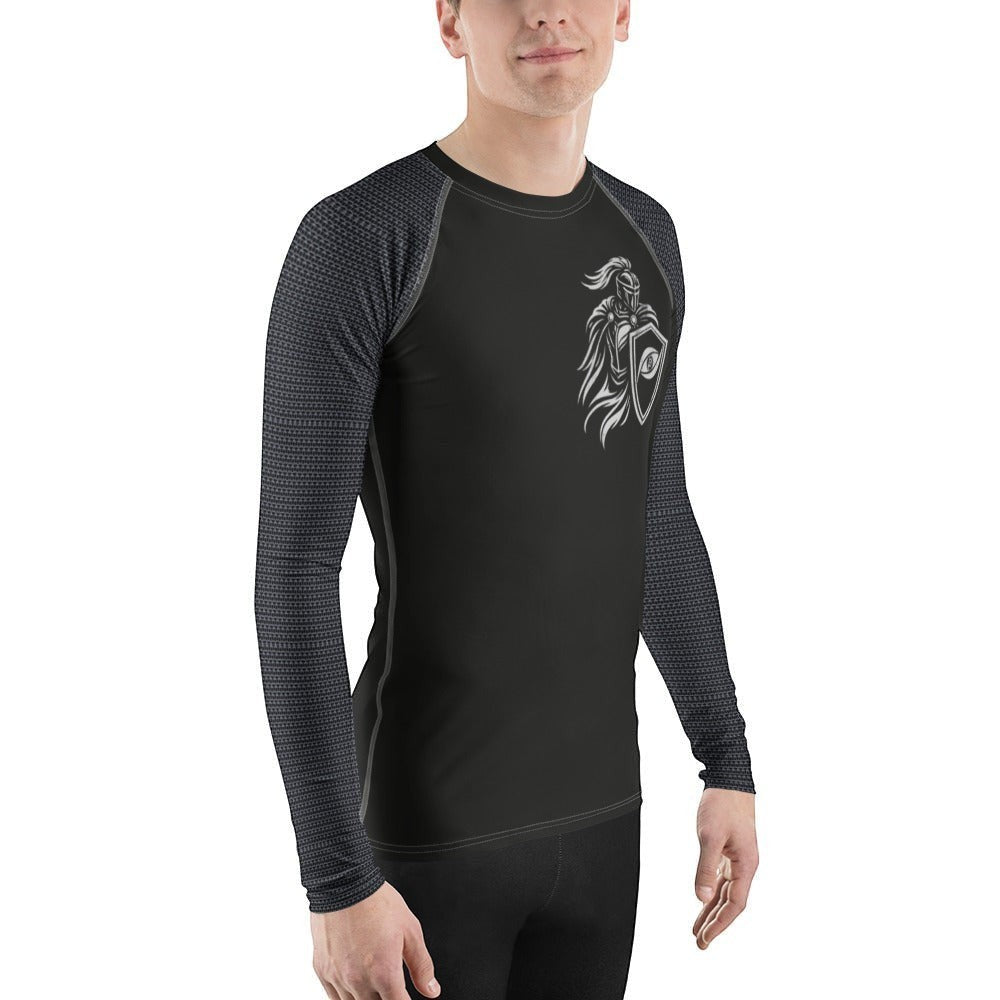 Immortal Krav Maga black long-sleeve rash guard with a warrior graphic on chest and patterned sleeves. Slim fit.