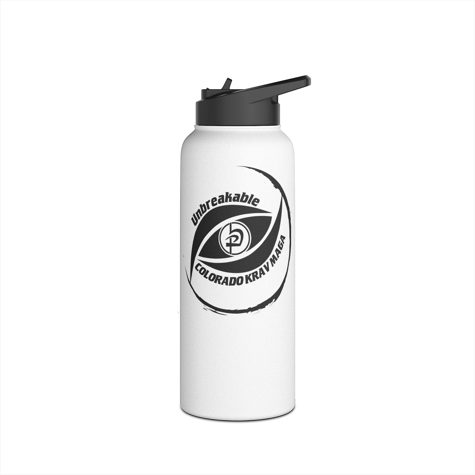 Immortal Krav Maga 32oz white stainless steel water bottle with black lid and logo