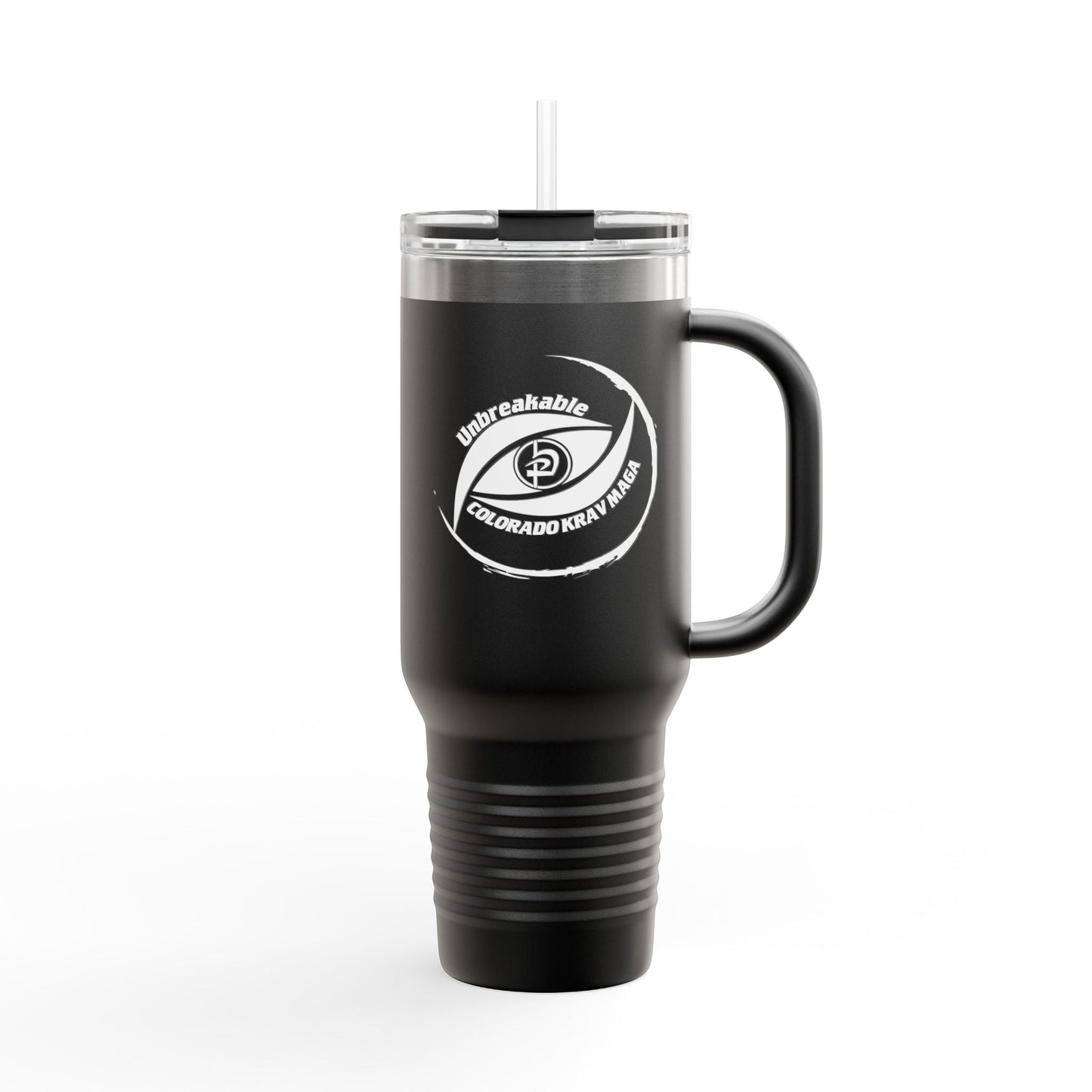 Immortal Krav Maga 40oz black stainless steel tumbler with handle and straw, featuring "Unbreakable Colorado Krav Maga" logo.
