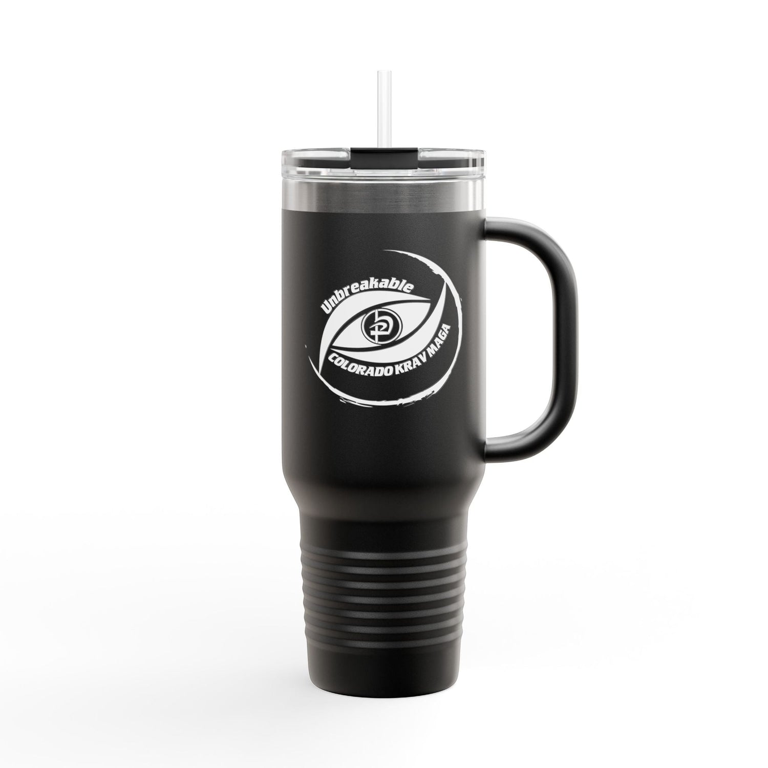 Immortal Krav Maga 40oz black stainless steel tumbler with handle and straw, featuring "Unbreakable Colorado Krav Maga" logo.