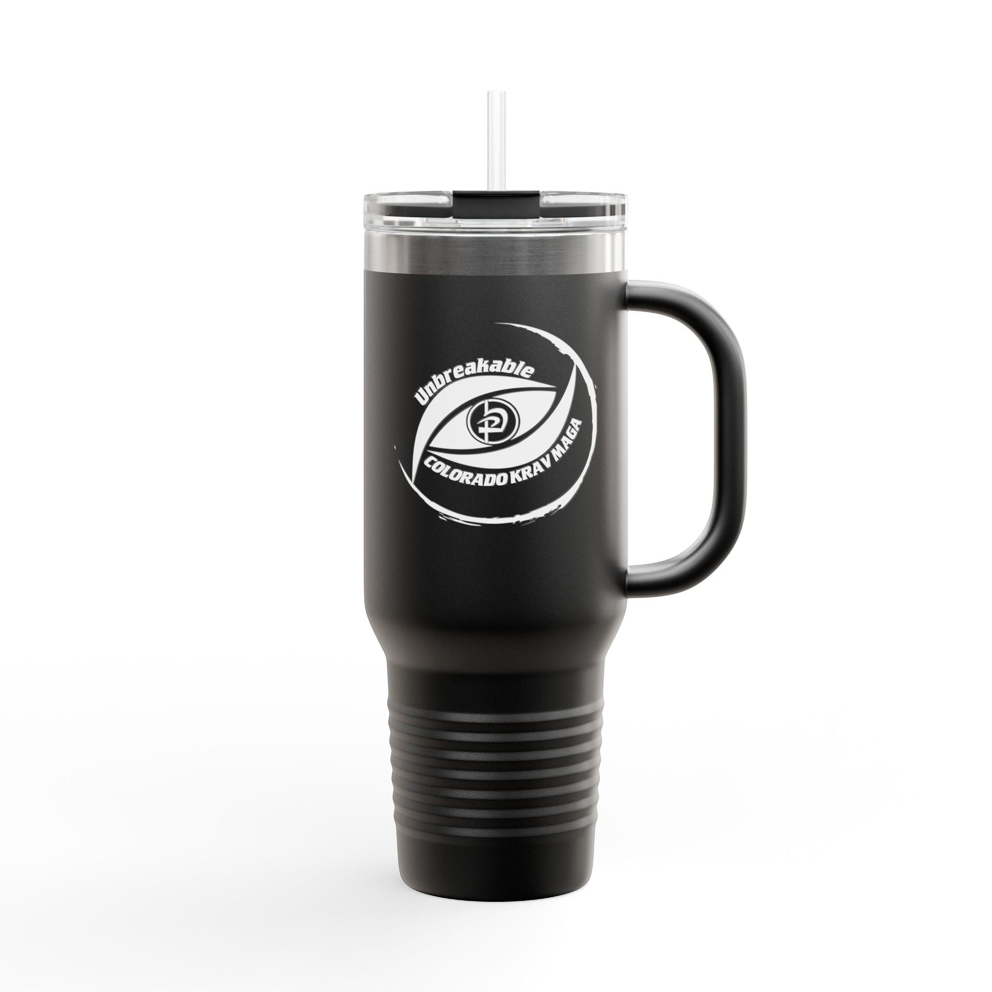 Immortal Krav Maga 40oz black stainless steel tumbler with handle and straw, featuring "Unbreakable Colorado Krav Maga" logo.
