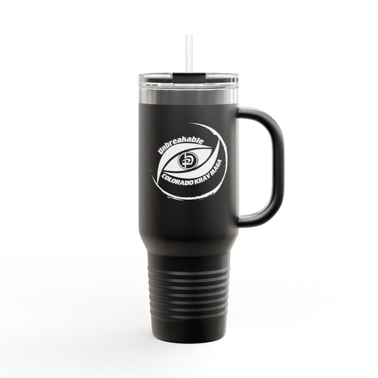 Immortal Krav Maga 40oz black stainless steel tumbler with handle and straw, featuring "Unbreakable Colorado Krav Maga" logo.