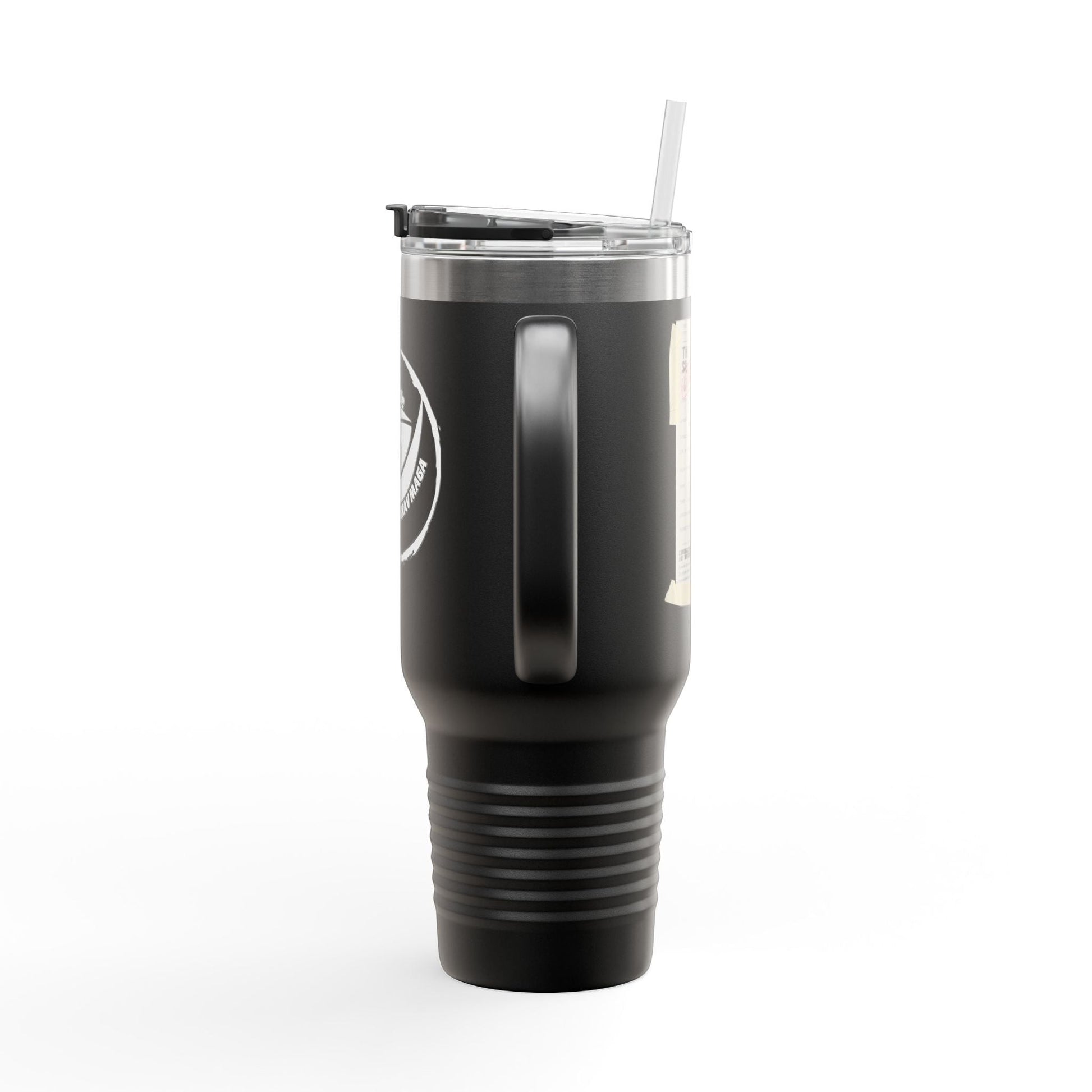 Immortal Krav Maga 40oz black stainless steel tactical tumbler with straw and handle. Double-wall construction, leak-proof lid.