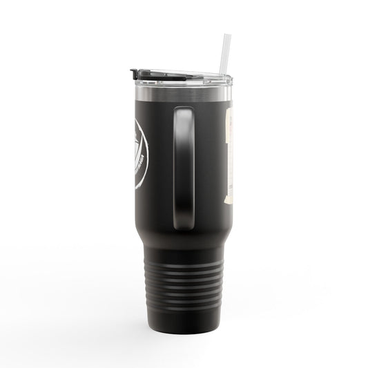 Immortal Krav Maga 40oz black stainless steel tactical tumbler with straw and handle. Double-wall construction, leak-proof lid.