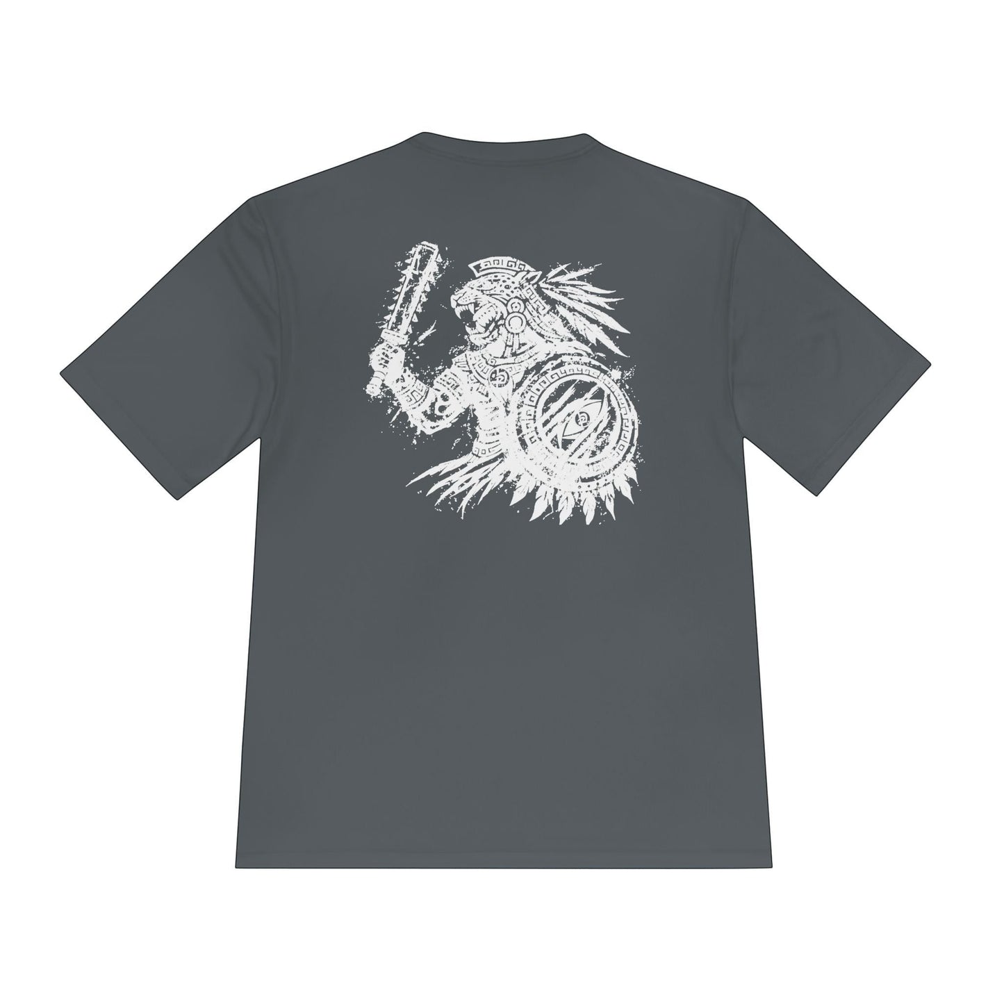 Immortal Krav Maga dark grey 100% polyester sweat-wicking tee with Aztec warrior graphic on back.