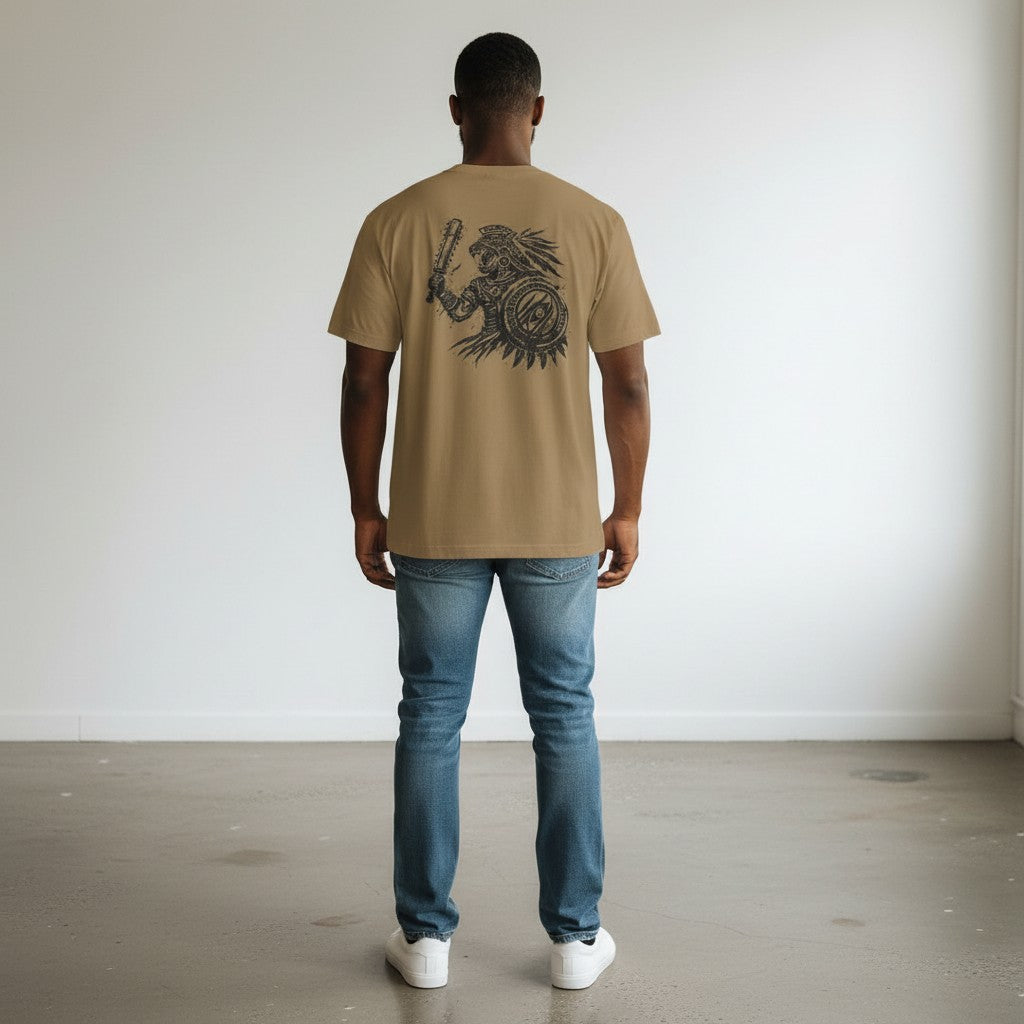 Immortal Krav Maga tan 100% polyester tee with Aztec warrior graphic on back. Moisture-wicking fabric.