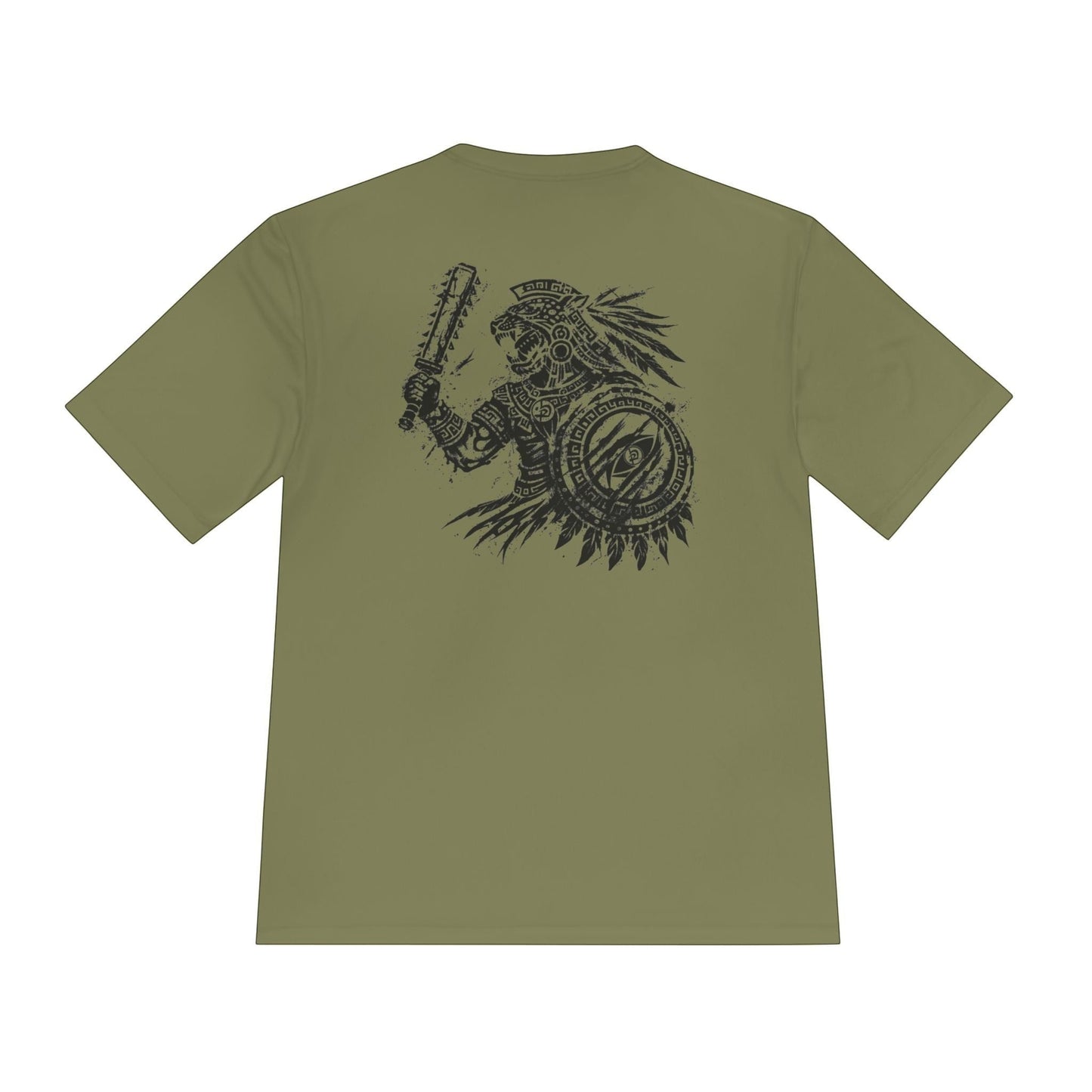 Immortal Krav Maga olive green 100% polyester tee with Aztec warrior graphic on back.