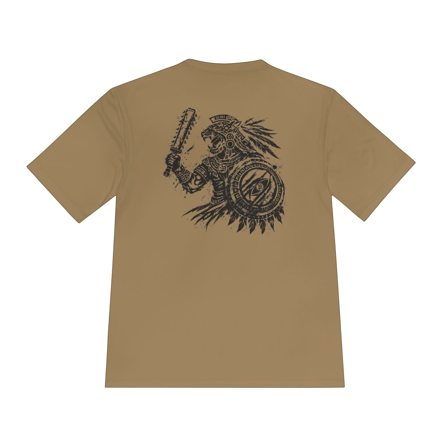 Immortal Krav Maga Brutal Sweat wick Tee in tan, featuring a distressed Aztec warrior graphic with a shield and macuahuitl.