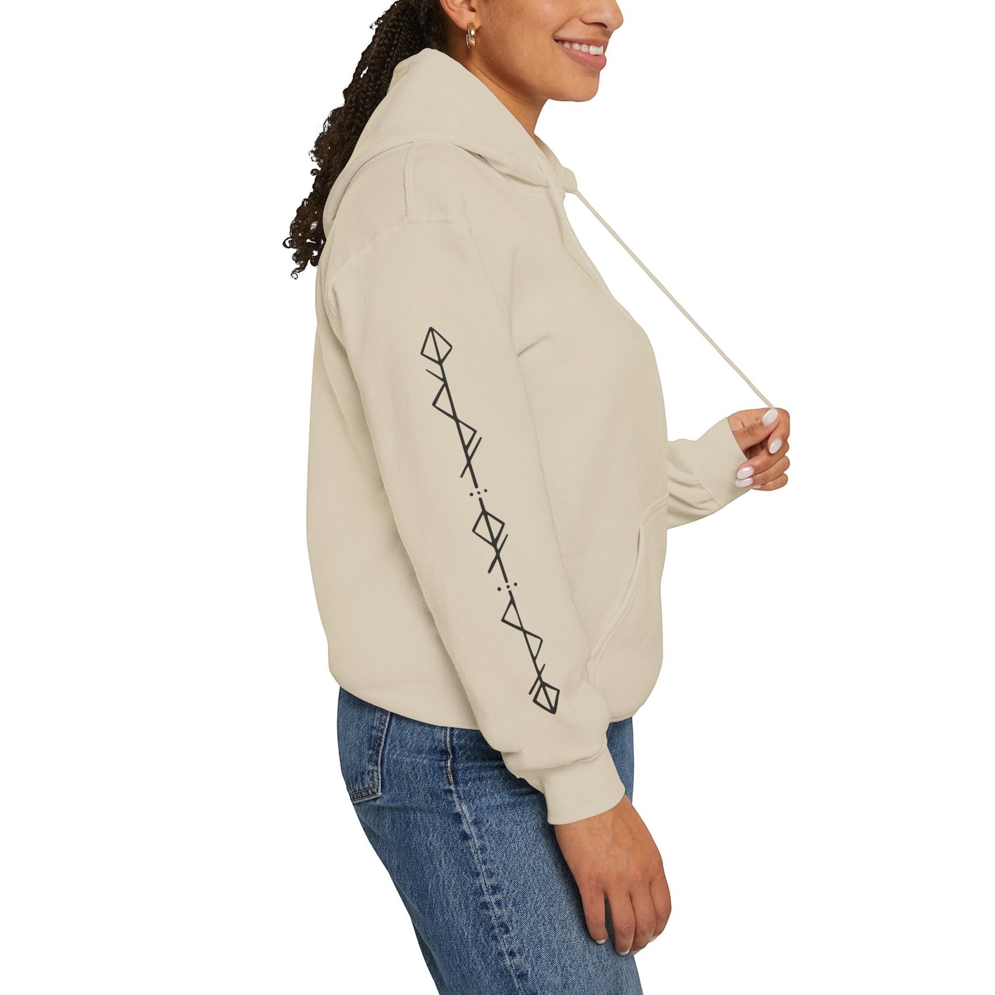 Immortal Krav Maga beige cotton-poly blend hoodie with black geometric sleeve print. Features a kangaroo pocket and drawstring hood.