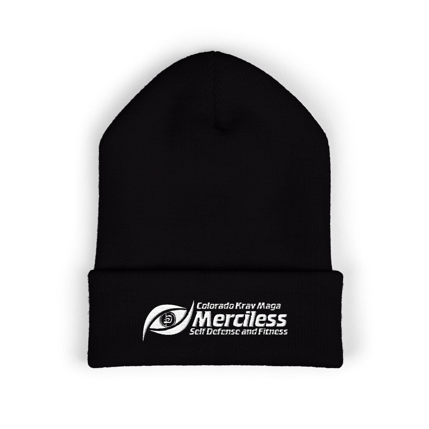 Immortal Krav Maga black 100% turbo acrylic cuffed beanie with embroidered 'Merciless Self Defense and Fitness' logo.