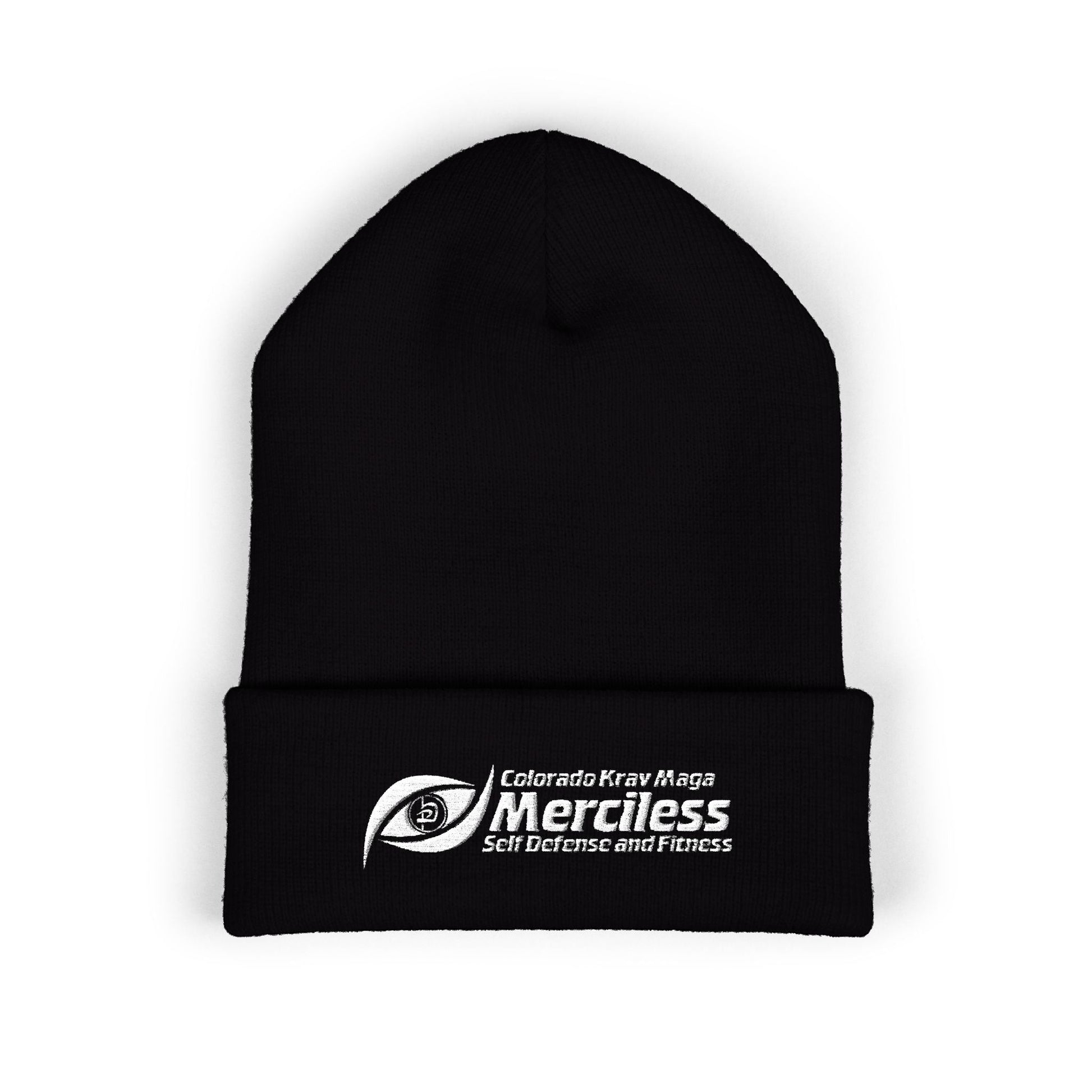 Immortal Krav Maga black 100% turbo acrylic cuffed beanie with embroidered 'Merciless Self Defense and Fitness' logo.