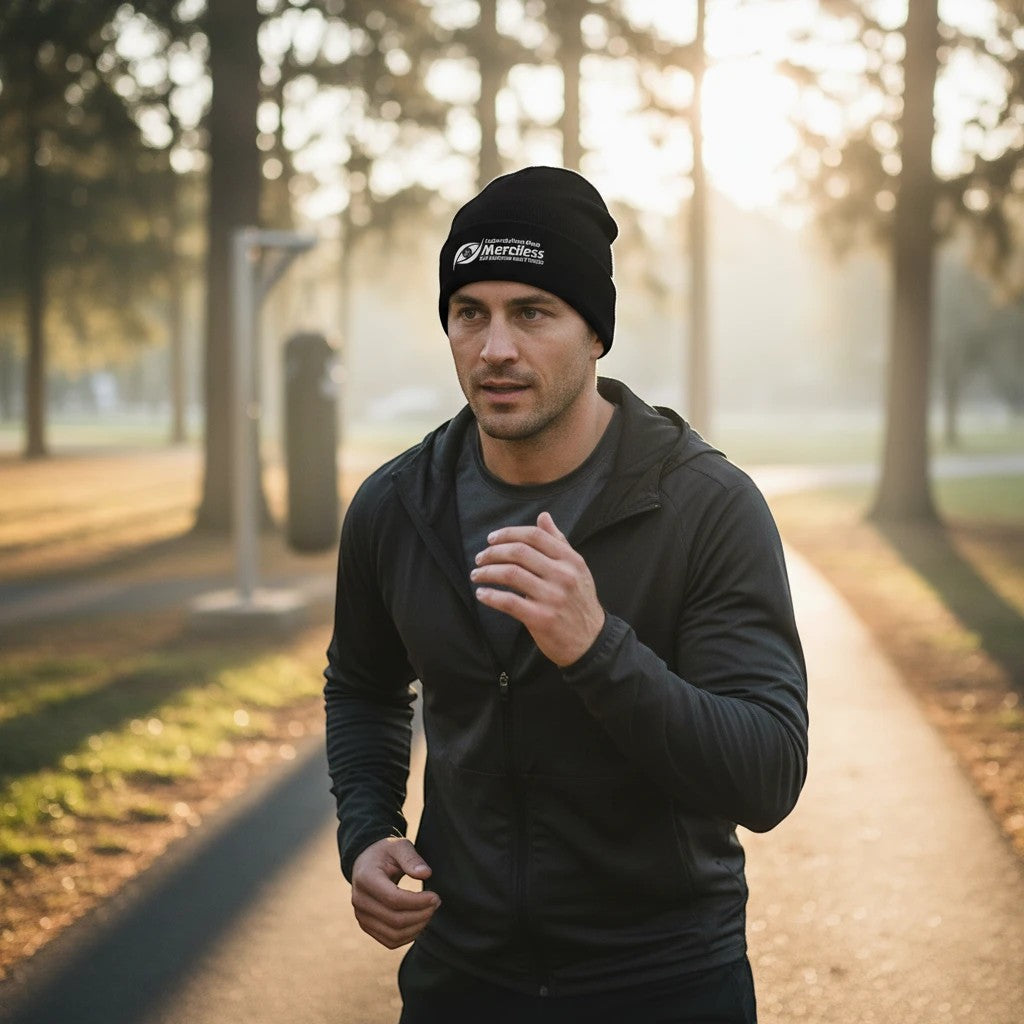 Immortal Krav Maga black 100% turbo acrylic cuffed beanie with embroidered logo detail, worn by a man running outdoors.