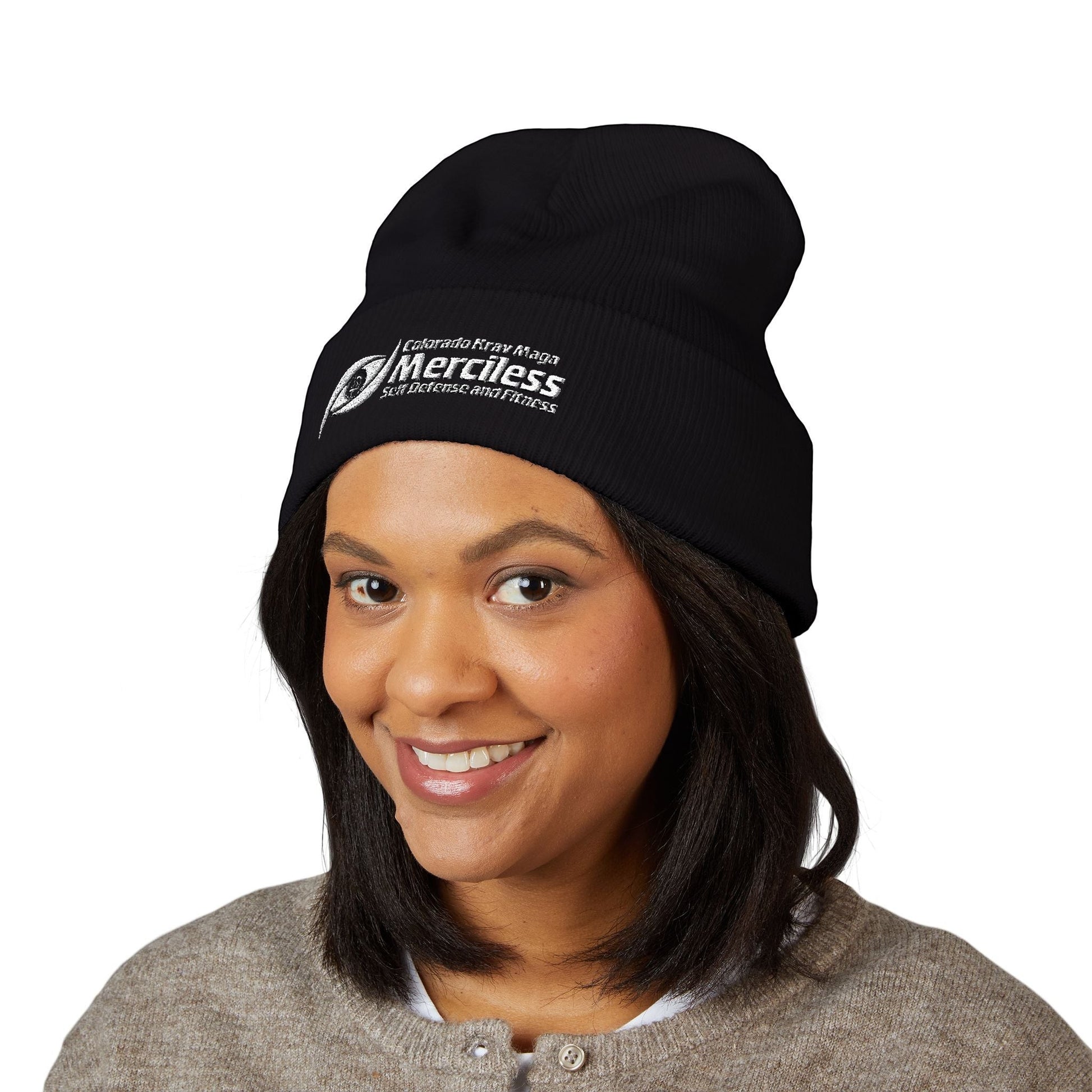 Immortal Krav Maga black 100% turbo acrylic cuffed beanie with embroidered "Merciless" logo. One size fits most.