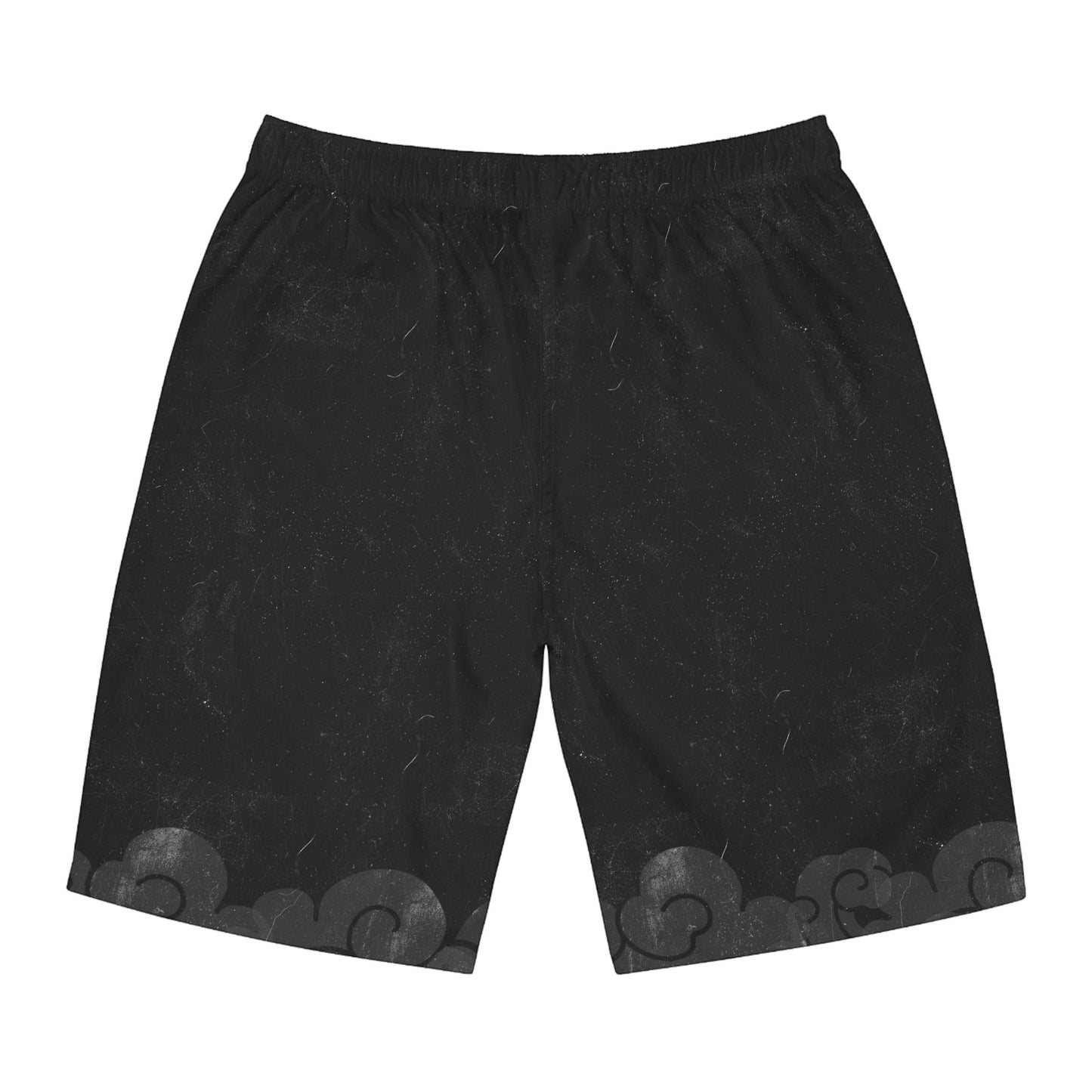 Immortal Krav Maga black polyester board shorts with elastic waistband and cloud pattern hem. Lightweight and quick-dry.