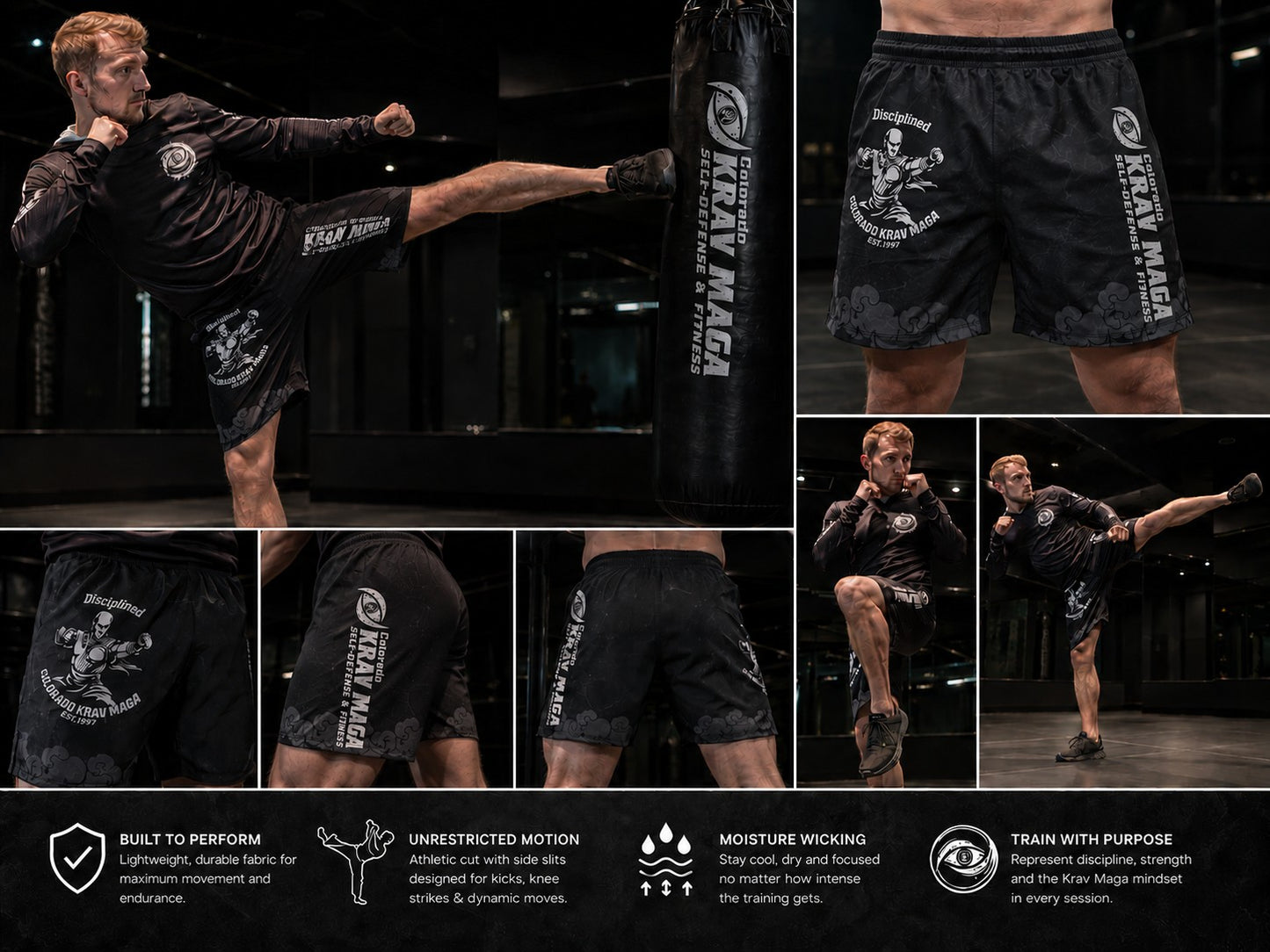 Immortal Krav Maga black polyester board shorts with elastic waistband and drawstring, featuring graphic prints.