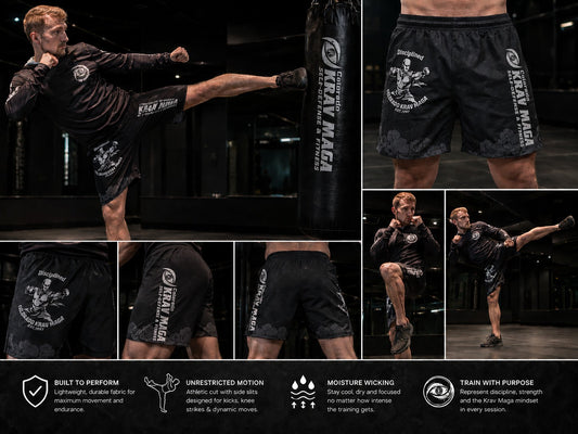 Immortal Krav Maga black polyester board shorts with elastic waistband and drawstring, featuring graphic prints.