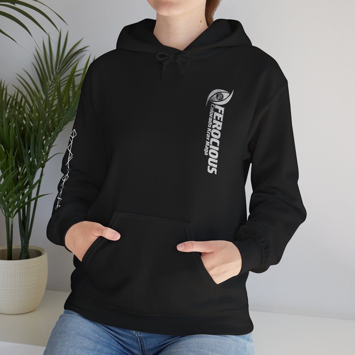 Immortal Krav Maga black 50/50 cotton-poly blend hoodie with "FEROCIOUS Colorado Krav Maga" graphic on chest.