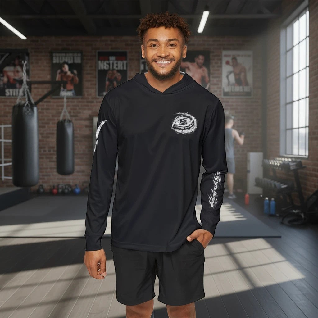 Immortal Krav Maga black polyester hooded long-sleeve shirt with eye graphic and Latin text on sleeve.