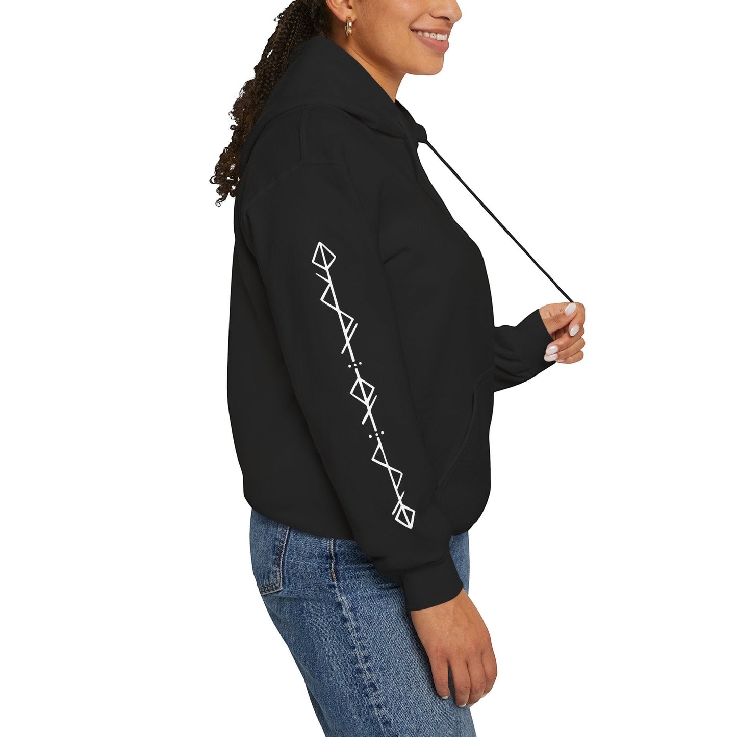Immortal Krav Maga black 50/50 cotton-poly blend hoodie with white geometric Norse-inspired print on sleeve.
