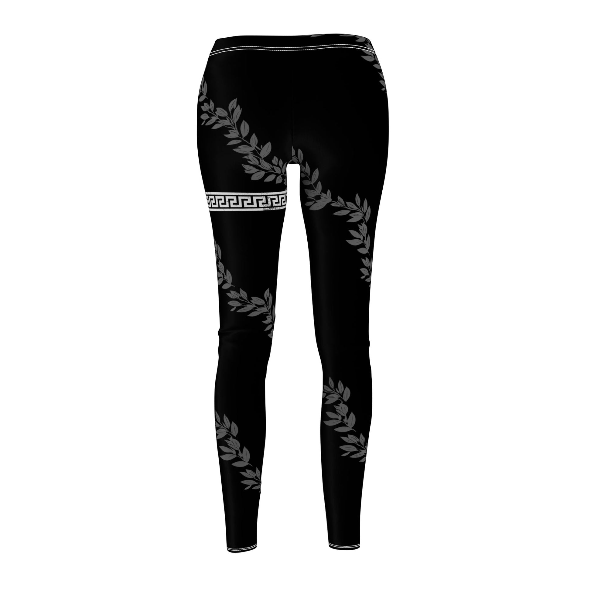 Immortal Krav Maga black polyester-spandex leggings with grey laurel leaf print and Greek key pattern.
