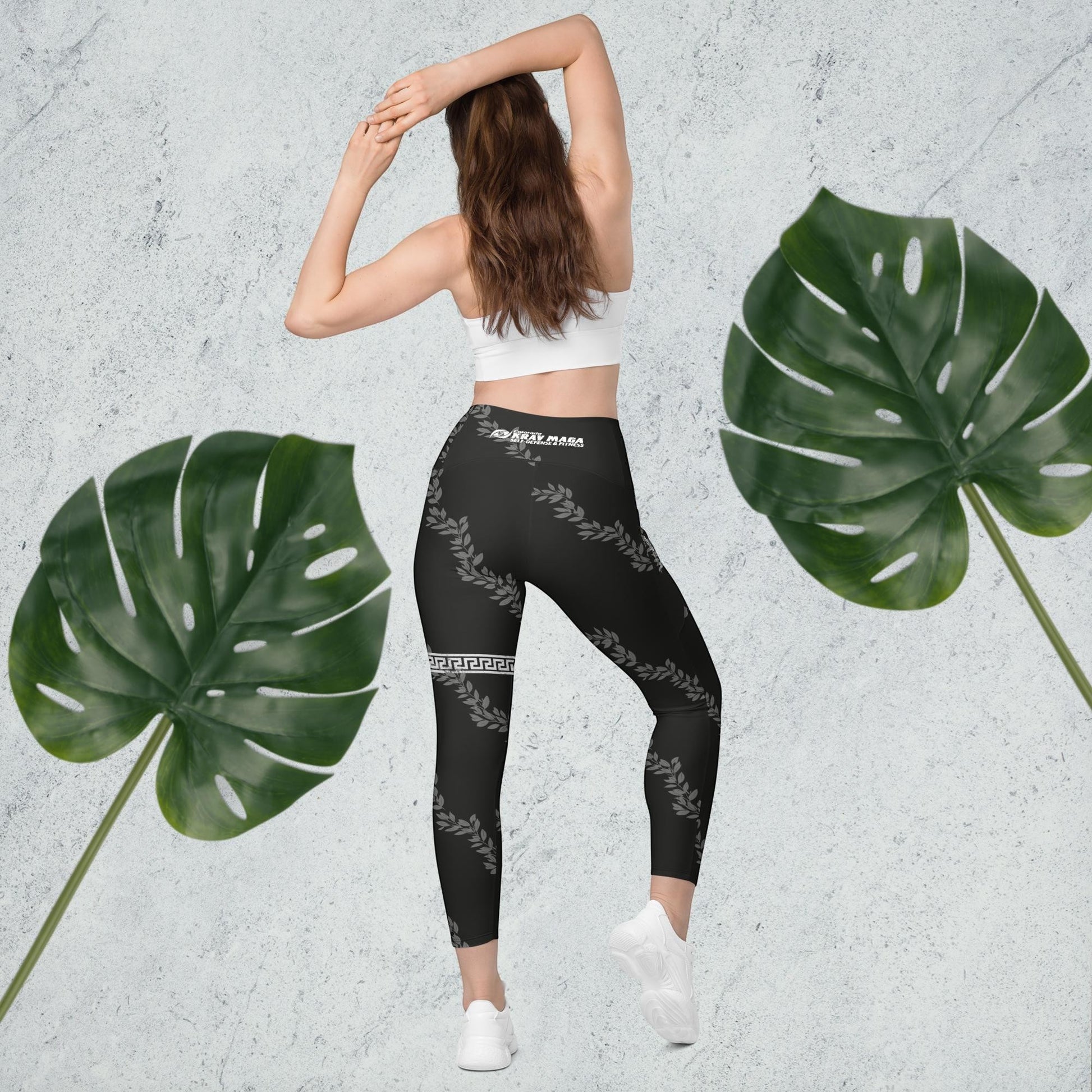 Immortal Krav Maga black high-waisted leggings with grey laurel leaf print and Greek key pattern