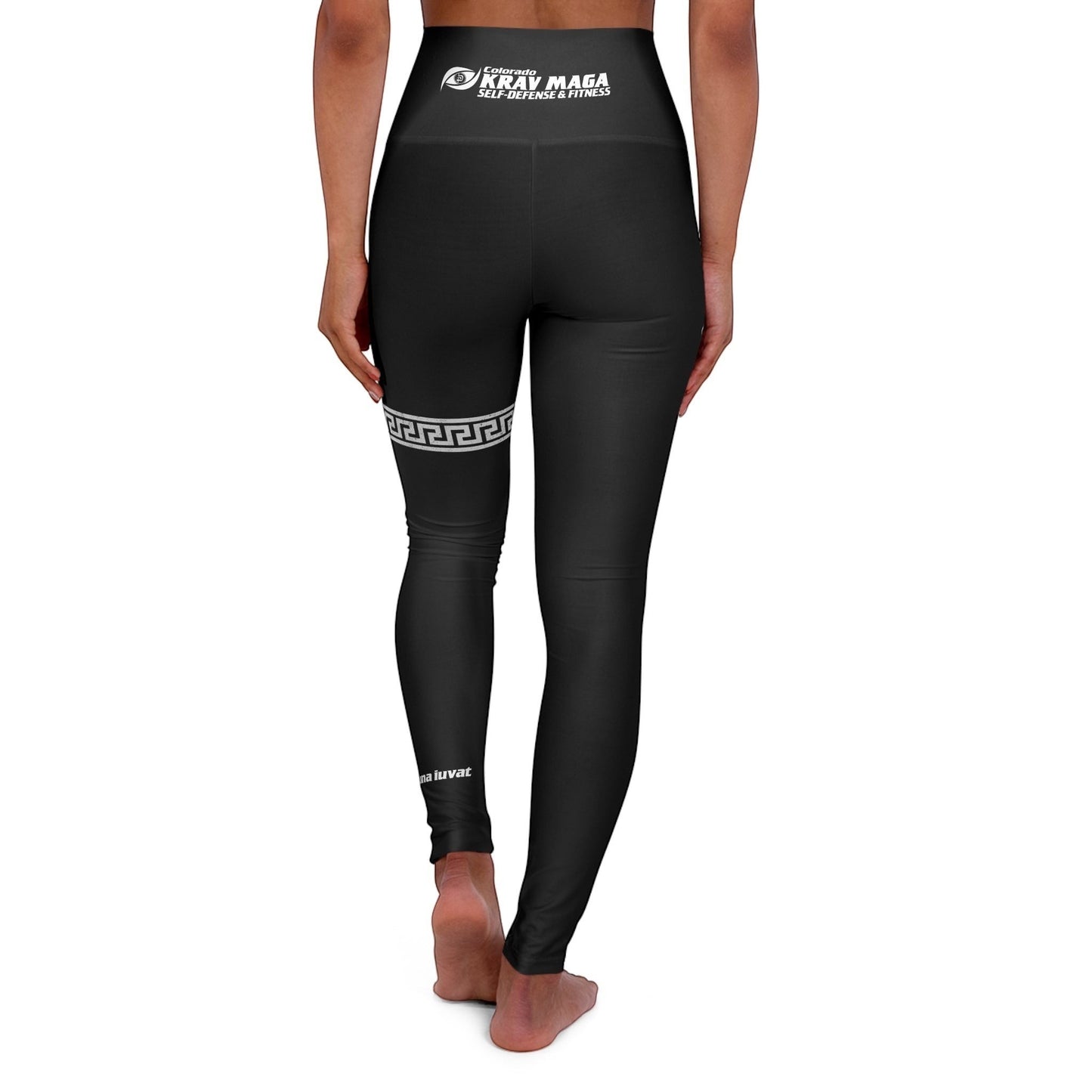 Immortal Krav Maga black high-rise leggings with Greek key detail on the leg and Latin text at the ankle.