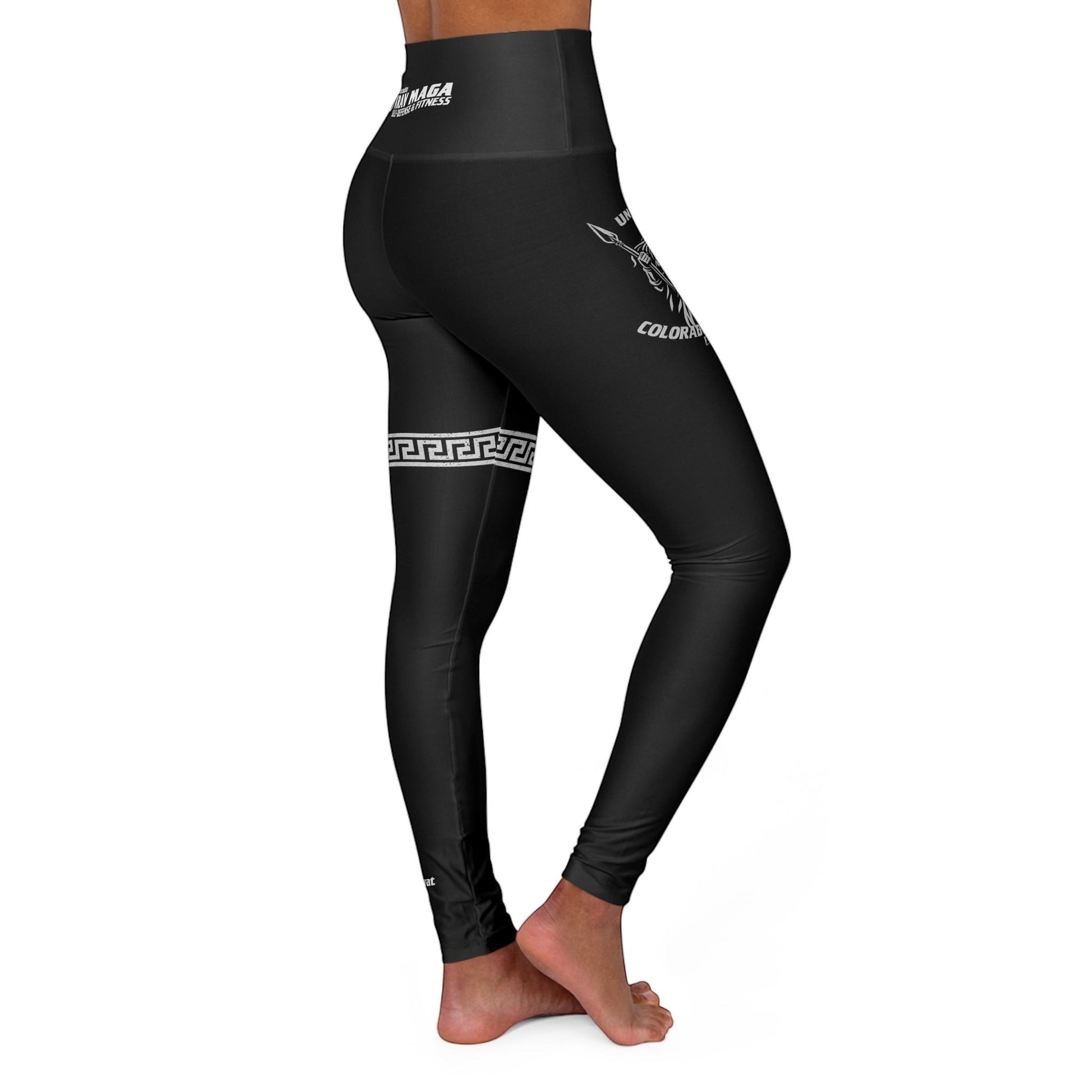 Immortal Krav Maga black polyester-spandex leggings with Greek key detail and "Fortuna audaces iuvat" text.
