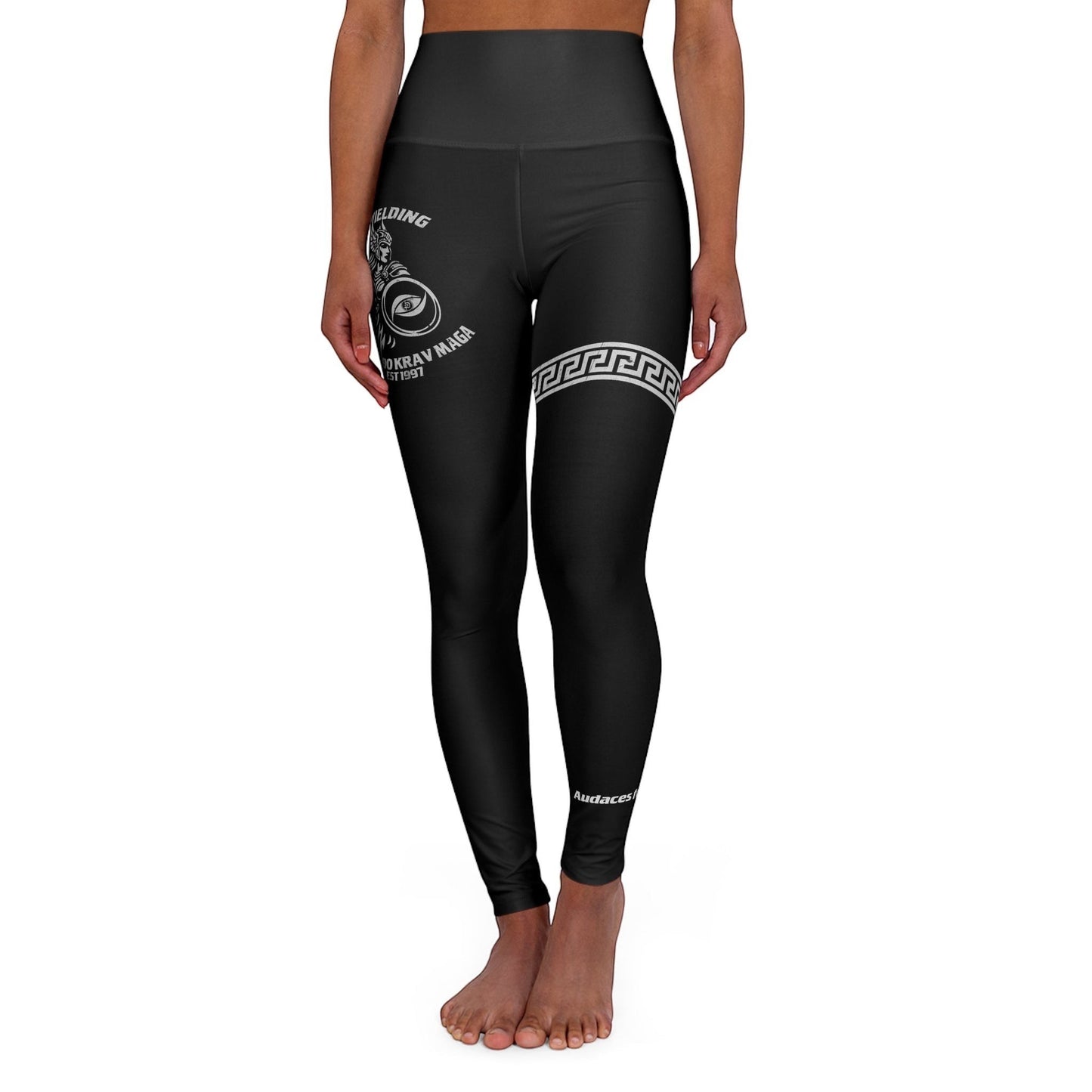 Immortal Krav Maga black polyester-spandex leggings with Greek key band and "Fortuna audaces iuvat" text.