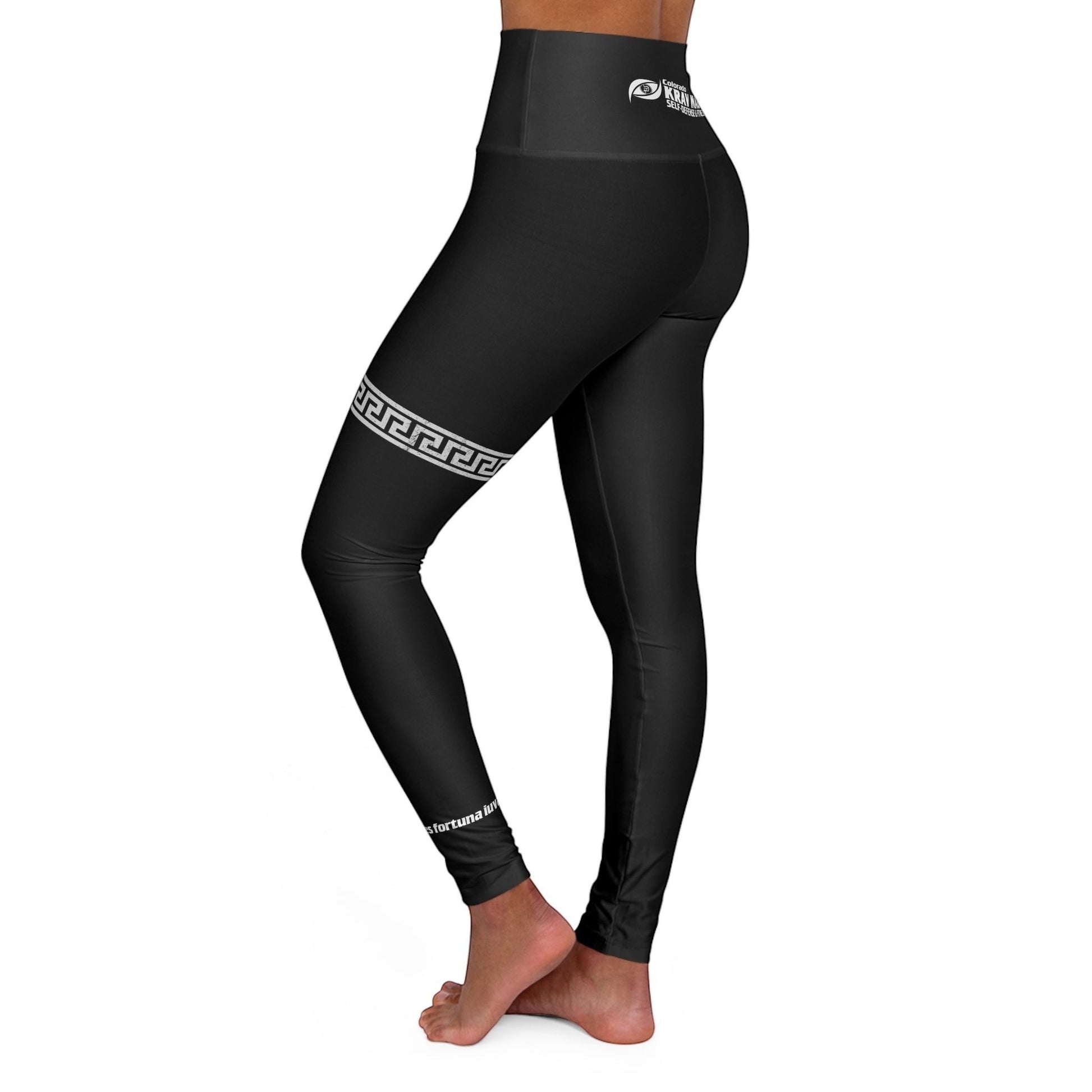 Immortal Krav Maga black polyester-spandex leggings with Greek key detail and "Fortuna audaces iuvat" text.