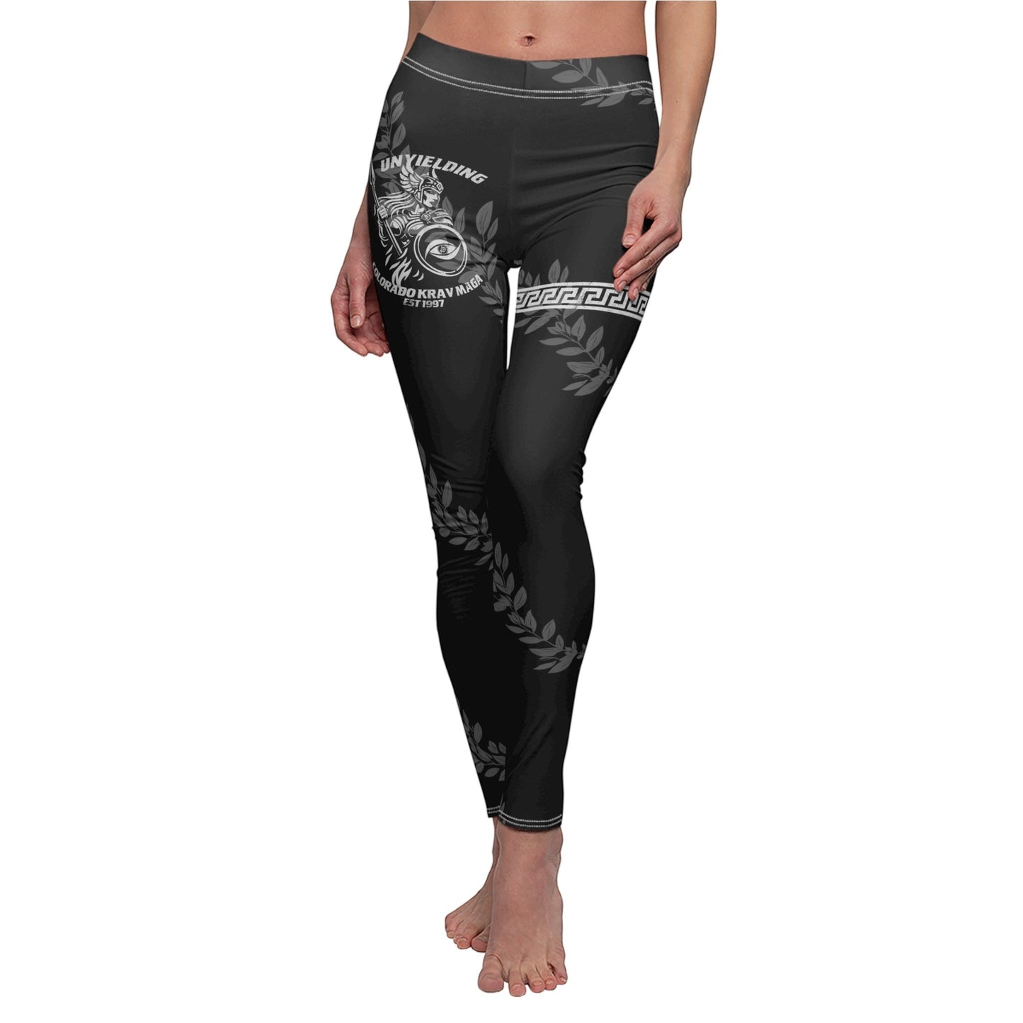 Immortal Krav Maga black polyester-spandex leggings with a Greek key pattern and laurel leaf print.