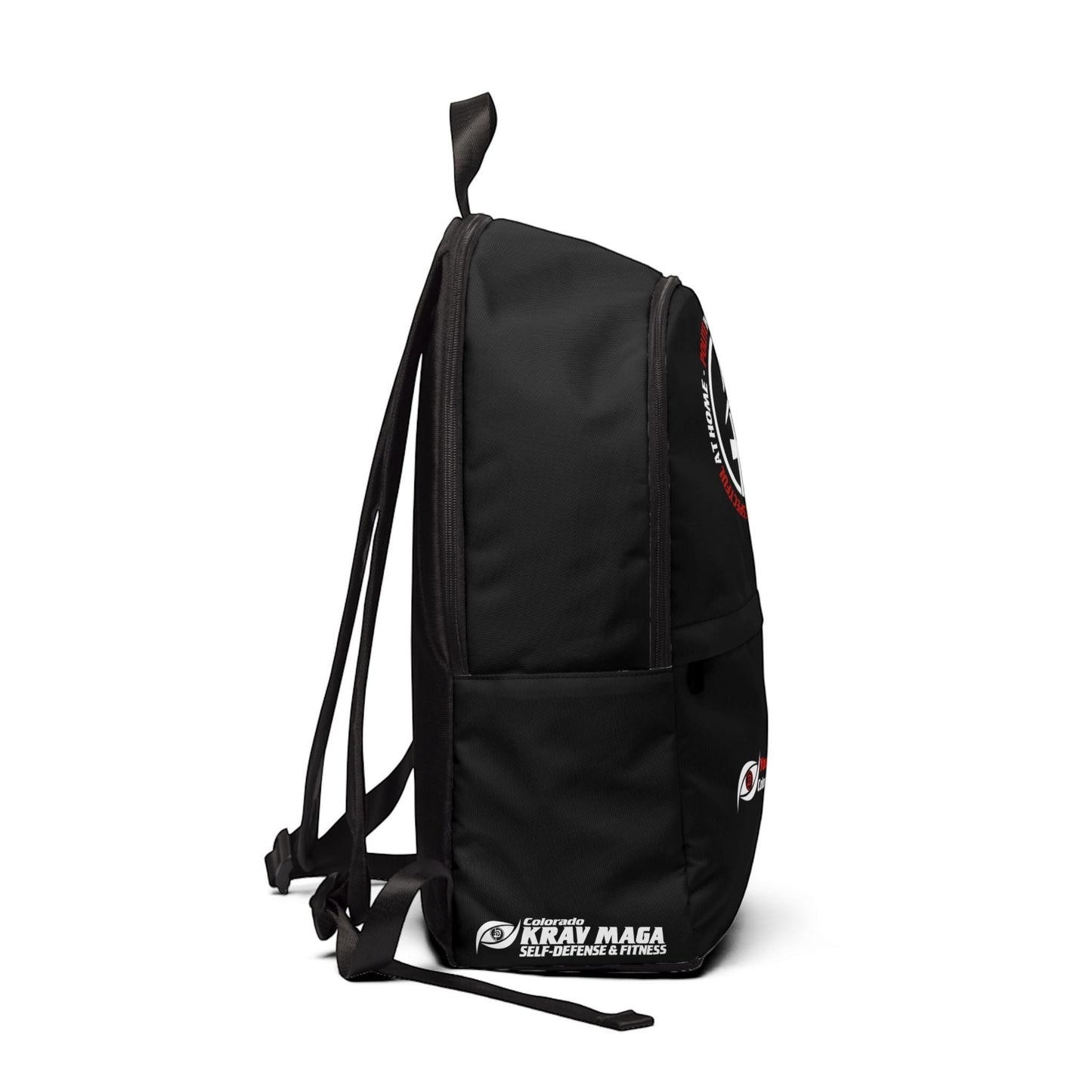 Immortal Krav Maga black nylon backpack with three zippered compartments and padded straps. Features Colorado Krav Maga logo.