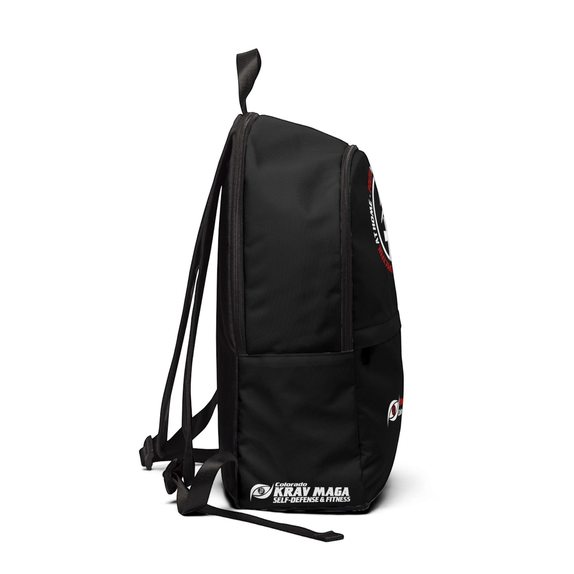 Immortal Krav Maga black nylon backpack with three zippered compartments and padded straps. Features Colorado Krav Maga logo.