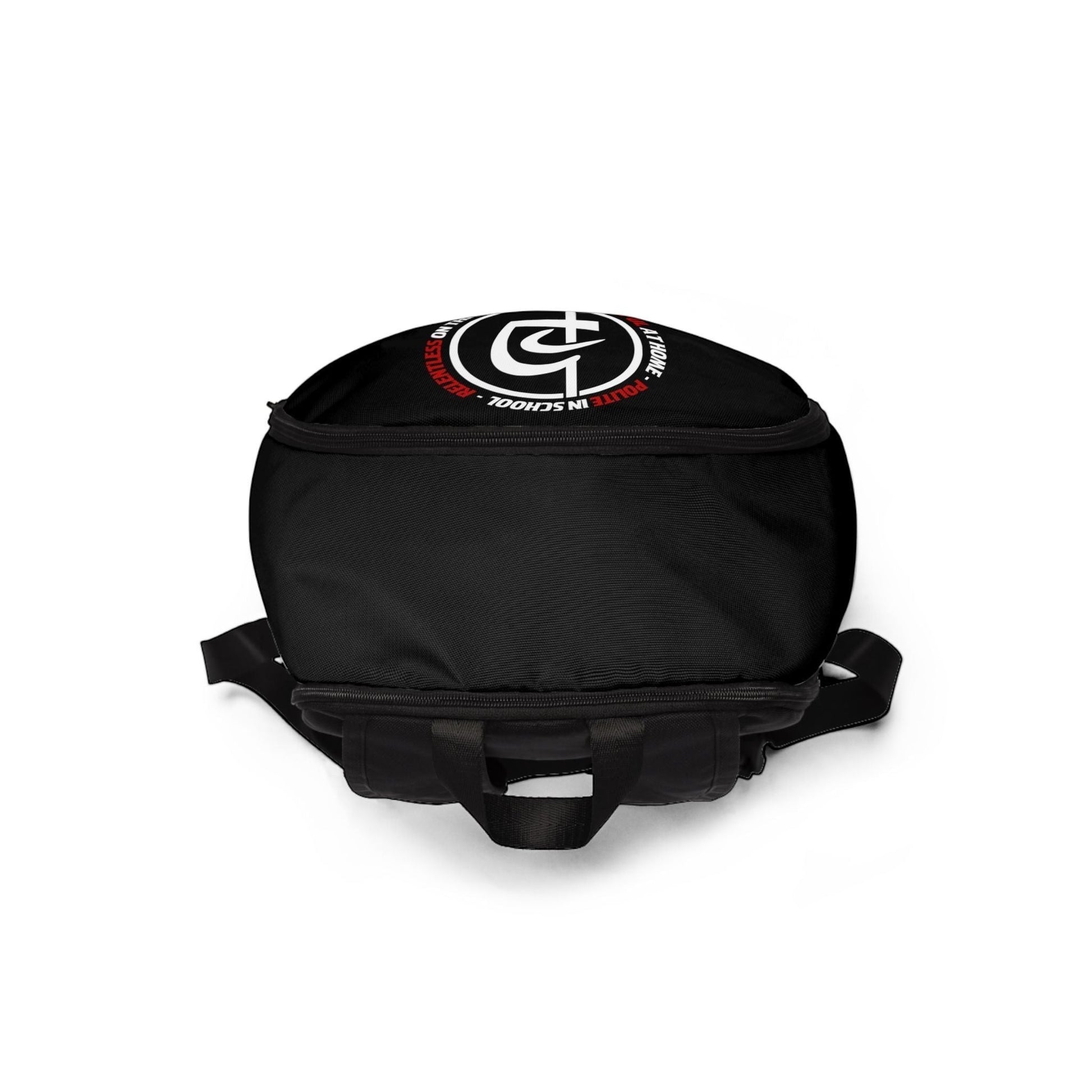 Immortal Krav Maga black nylon backpack with three zippered compartments and padded straps. Features a circular logo with text.