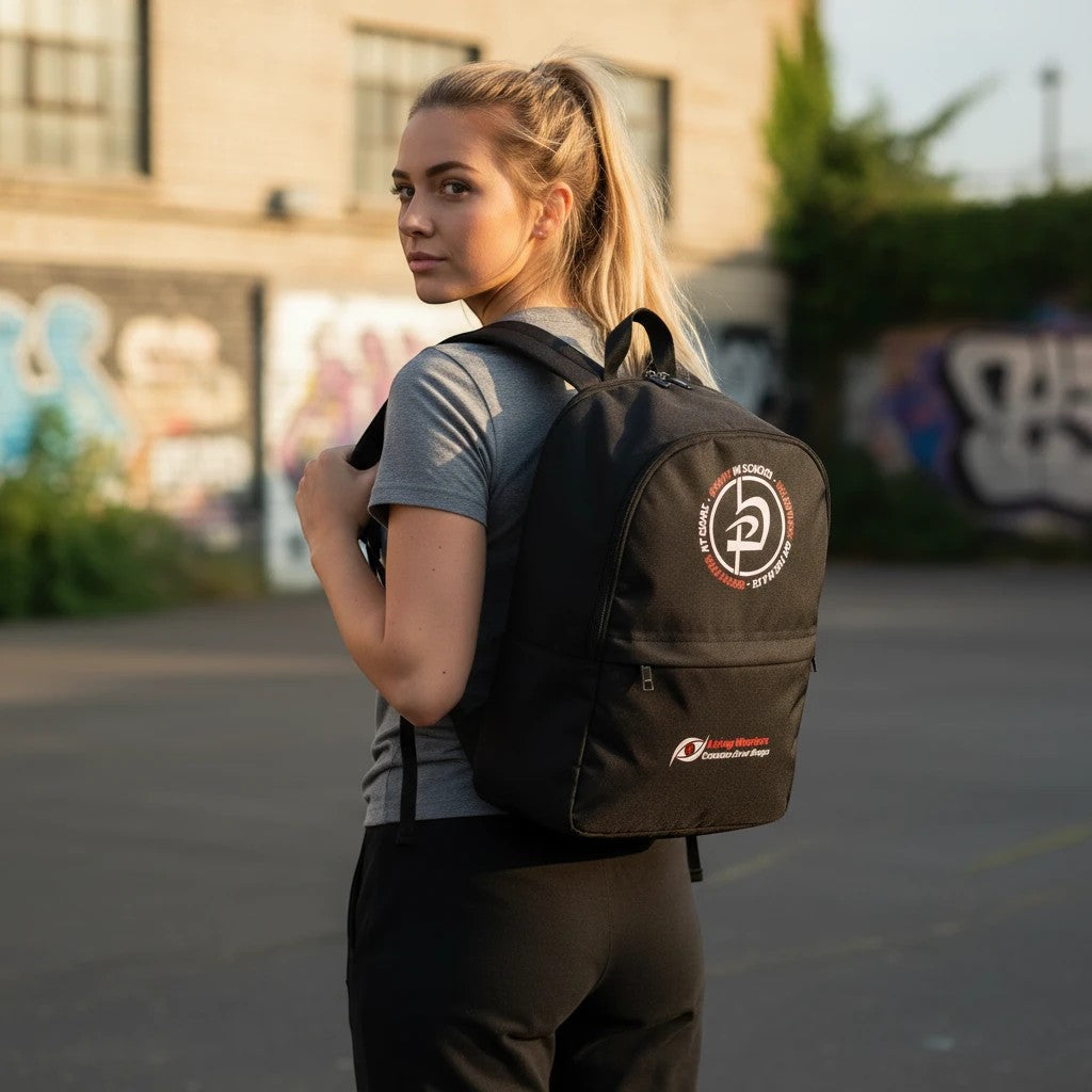 Immortal Krav Maga black nylon backpack with three zippered compartments, worn by a young woman.