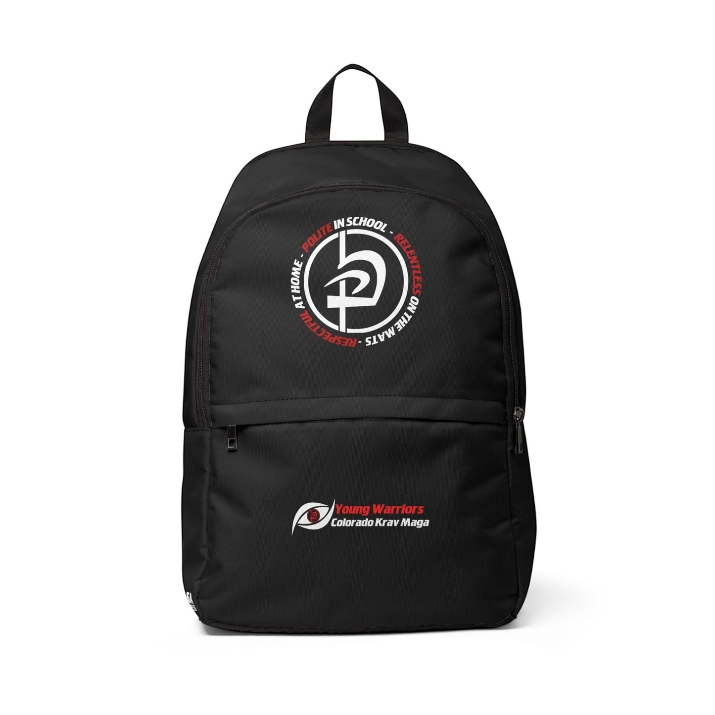 Immortal Krav Maga black nylon backpack with 'Young Warriors Colorado Krav Maga' logo and Krav Maga graphic.
