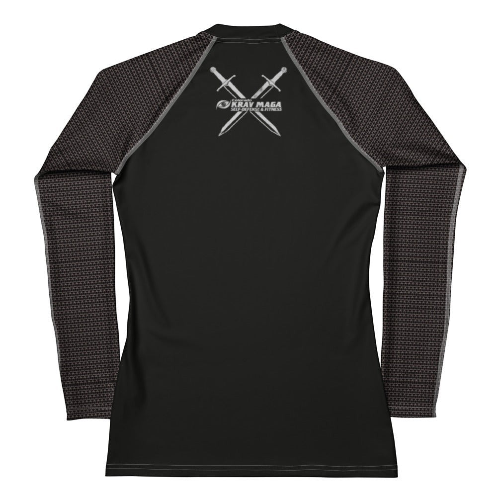 Immortal Krav Maga black long-sleeve rash guard with grey patterned sleeves and crossed swords logo on back.