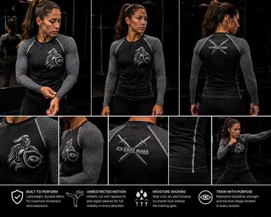 Immortal Krav Maga black long-sleeve rash guard with grey patterned sleeves and warrior graphic on chest.