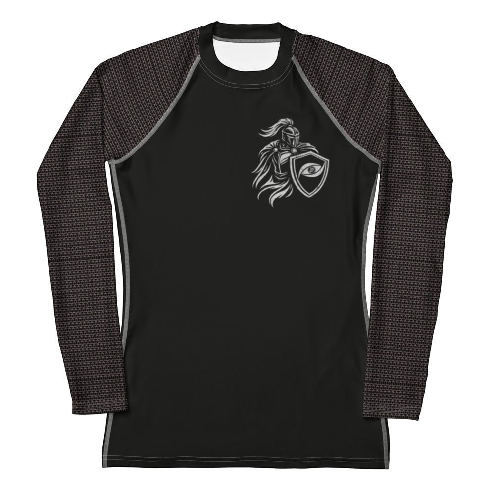 Immortal Krav Maga black long sleeve rash guard with graphic print on chest and patterned sleeves. Made for sports.