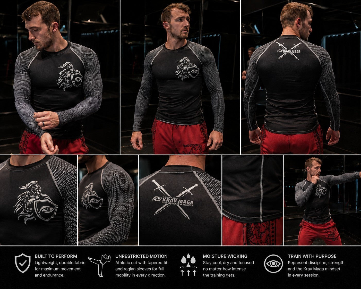 Immortal Krav Maga black long-sleeve rash guard with grey patterned sleeves and warrior graphic on chest.