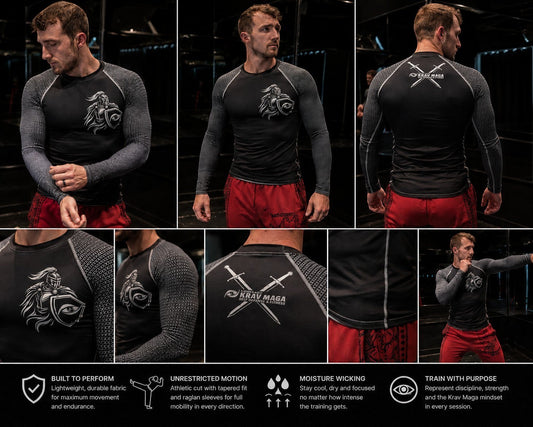 Immortal Krav Maga black long-sleeve rash guard with grey patterned sleeves and warrior graphic on chest.