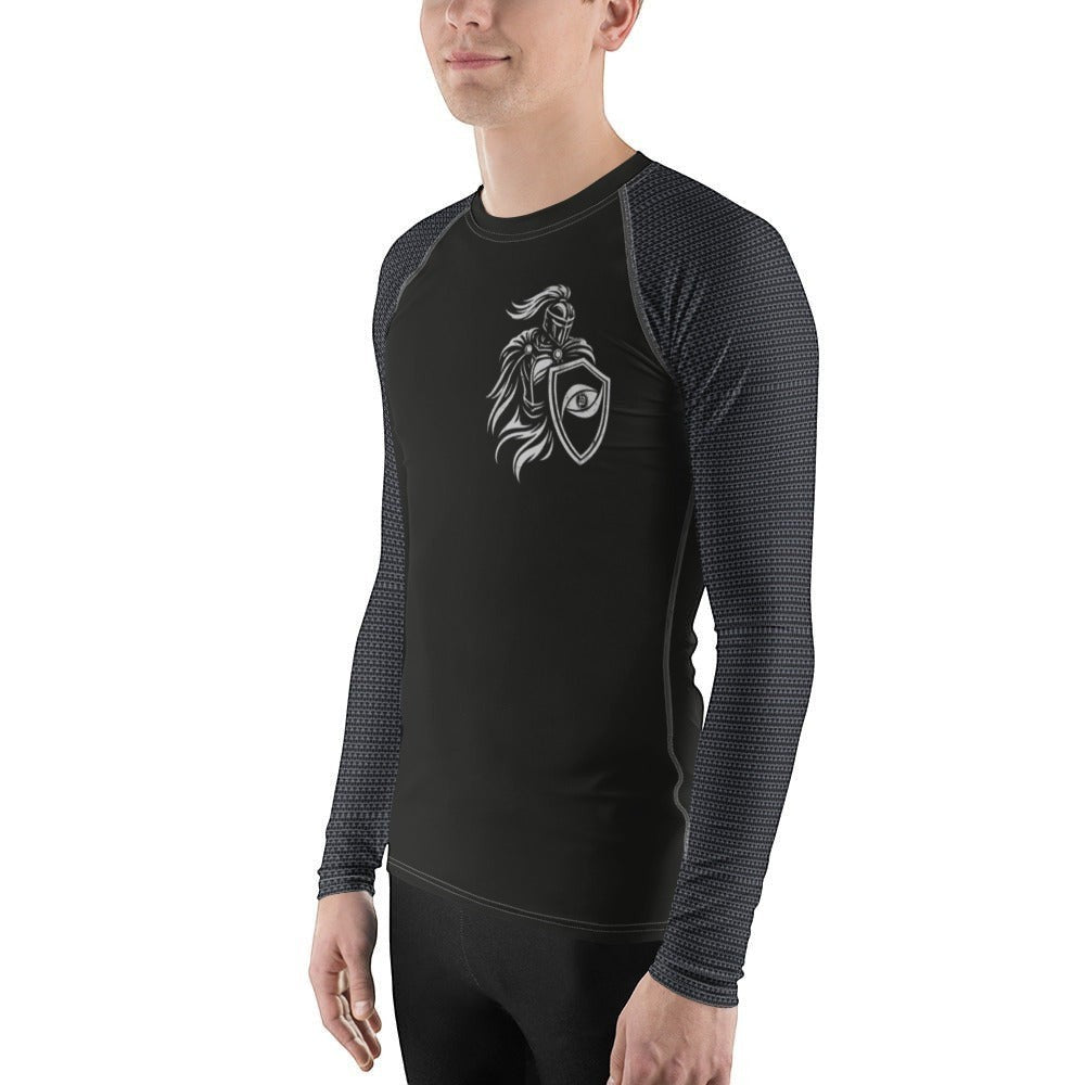 Immortal Krav Maga black long-sleeve rash guard with grey patterned sleeves and warrior graphic on chest.