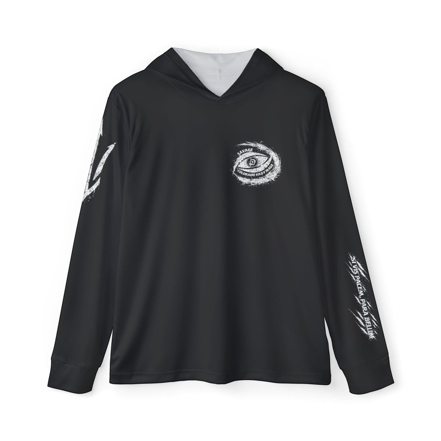 Immortal Krav Maga black long-sleeve hooded shirt with UV protection and "Si vis pacem, para bellum" text on sleeve.